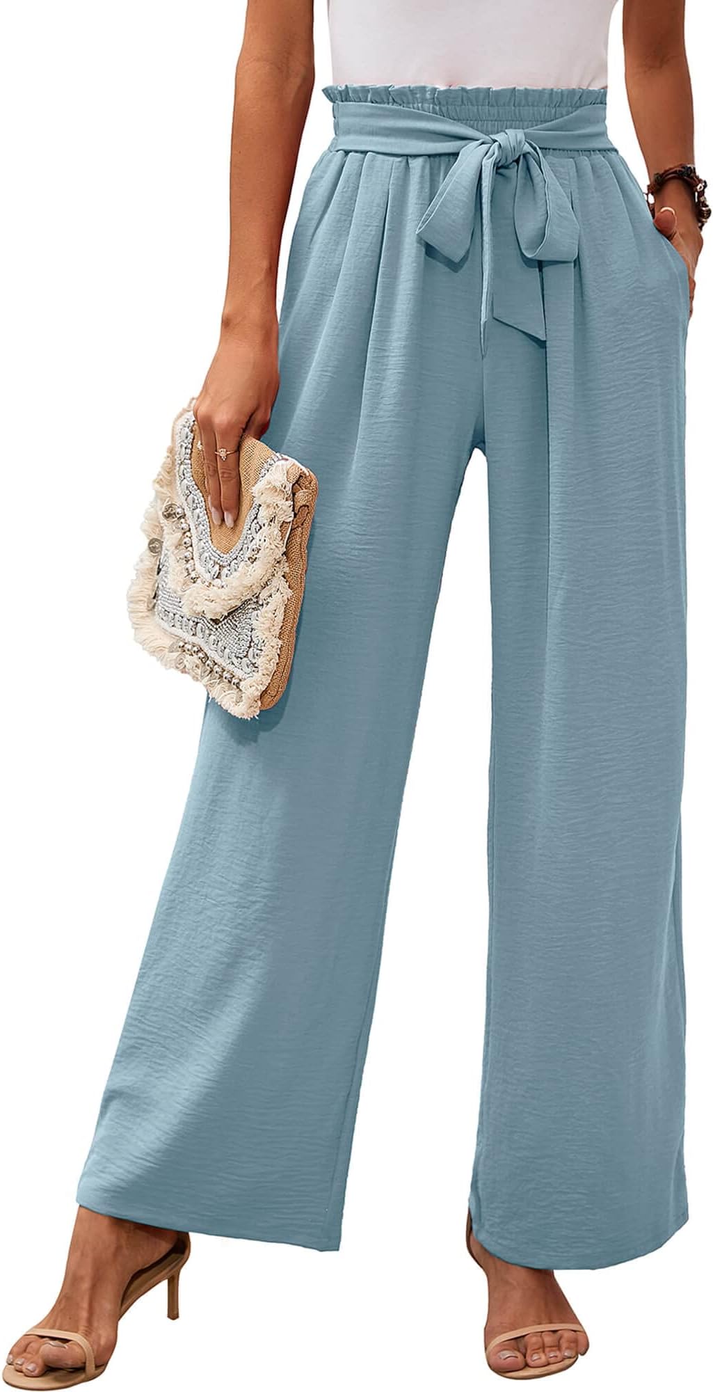 HeymomentsWomen's Wide Leg Lounge Pants with Pockets Lightweight High Waisted Adjustable Tie Knot Loose Trousers