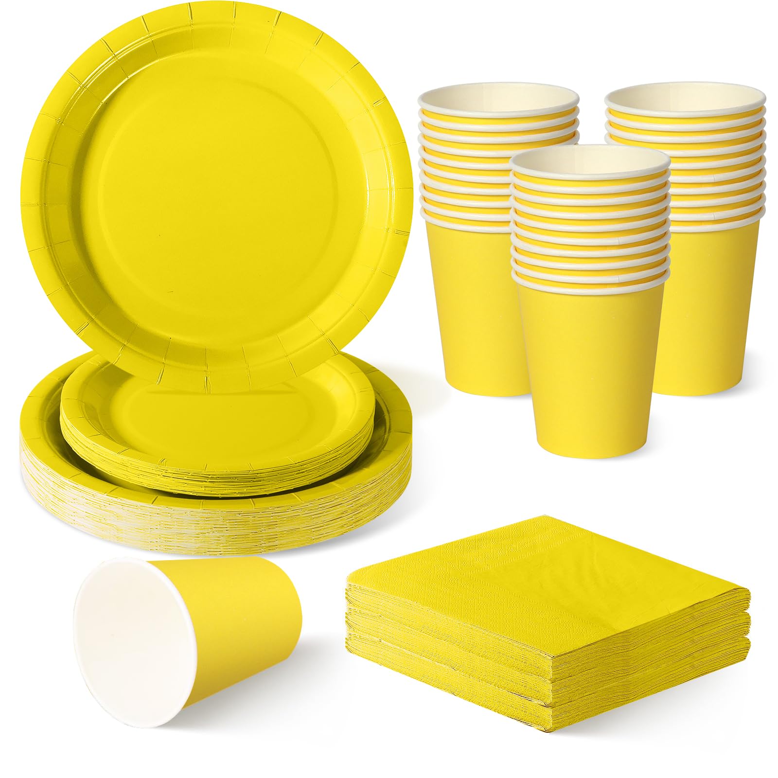 ZblPyro Yellow Party Tableware Set for 30 Guests | A Set of 120 pcs Includes 9" & 7" Round Paper Plates, Cups & Napkins | Kids Birthday Party, Summer Festival & Sunny Celebration