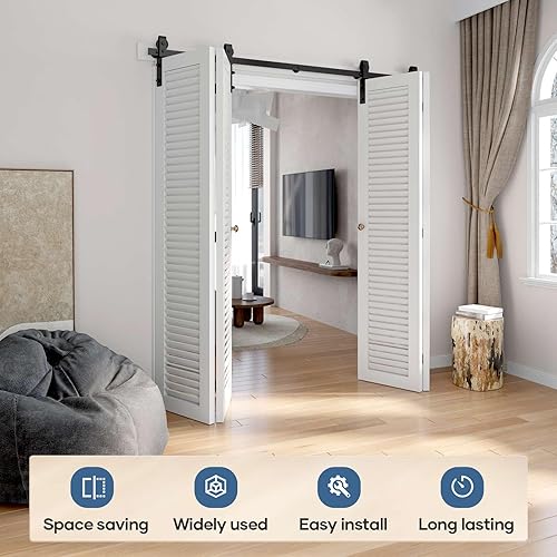 Miniatura 2 de EaseLife Kit de riel de puerta corrediza de granero plegable de 72 pulgadas para 4 puertas de armario, rodillo de montaje lateral, resistente, se