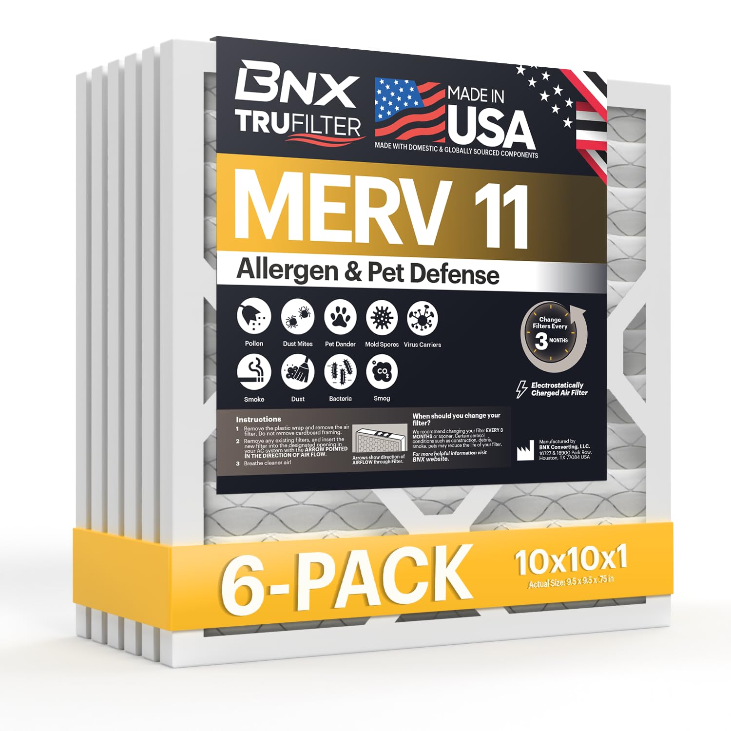 Photo 1 of BNX TruFilter 16x24x1 Air Filter MERV 11 (12-Pack) - MADE IN USA - Allergen Defense Electrostatic Pleated Air Conditioner HVAC AC Furnace Filters for Allergies, Dust, Smoke, Allergy MPR 1200 FPR 7