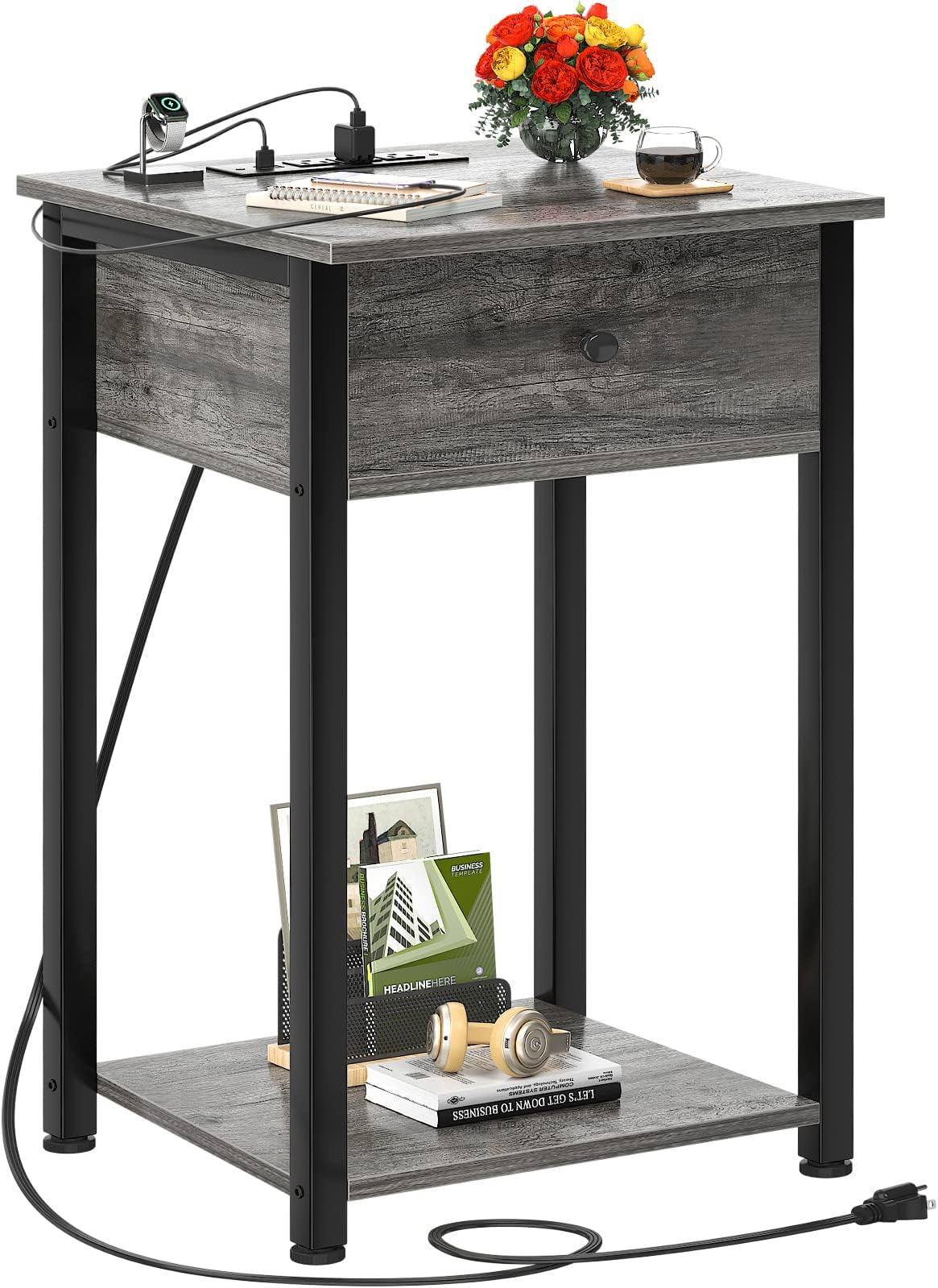 Ecoprsio Nightstand with Charging Station, Modern End Table Side Table with USB Ports, Wood Night Stand, Grey Bedside Table with Drawer and Shelf for Bedroom, Living Room, Sofa Couch, Hall, Gray