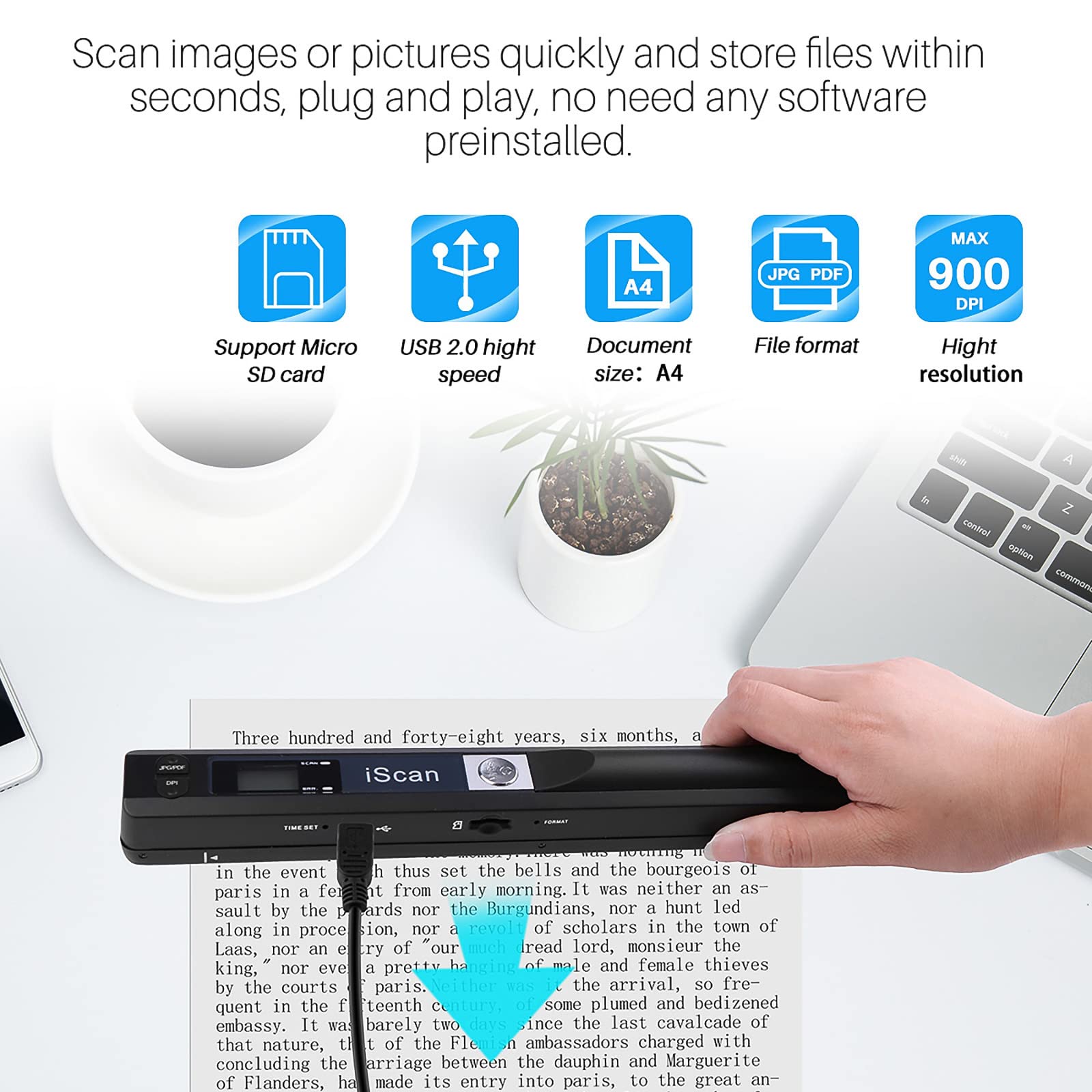 AOZBZ Tragbarer Dokumentenscanner, Bildscanner, USB, 900 DPI Fotoscanner, tragbar, A4, Scanner + 16 GTF-Karte
