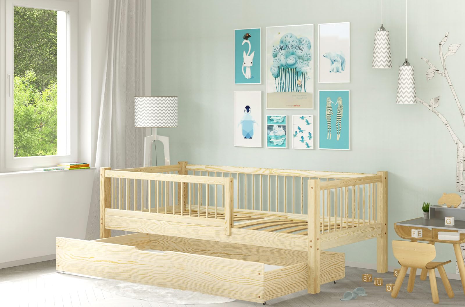 Cama Infantil con Barandilla y Cajón - Cama Infantil Individual con Espacio de Almacenamiento - Estructura de Madera Finamente Lijada - Color Natural - Sin Colchón - 80x160 cm
