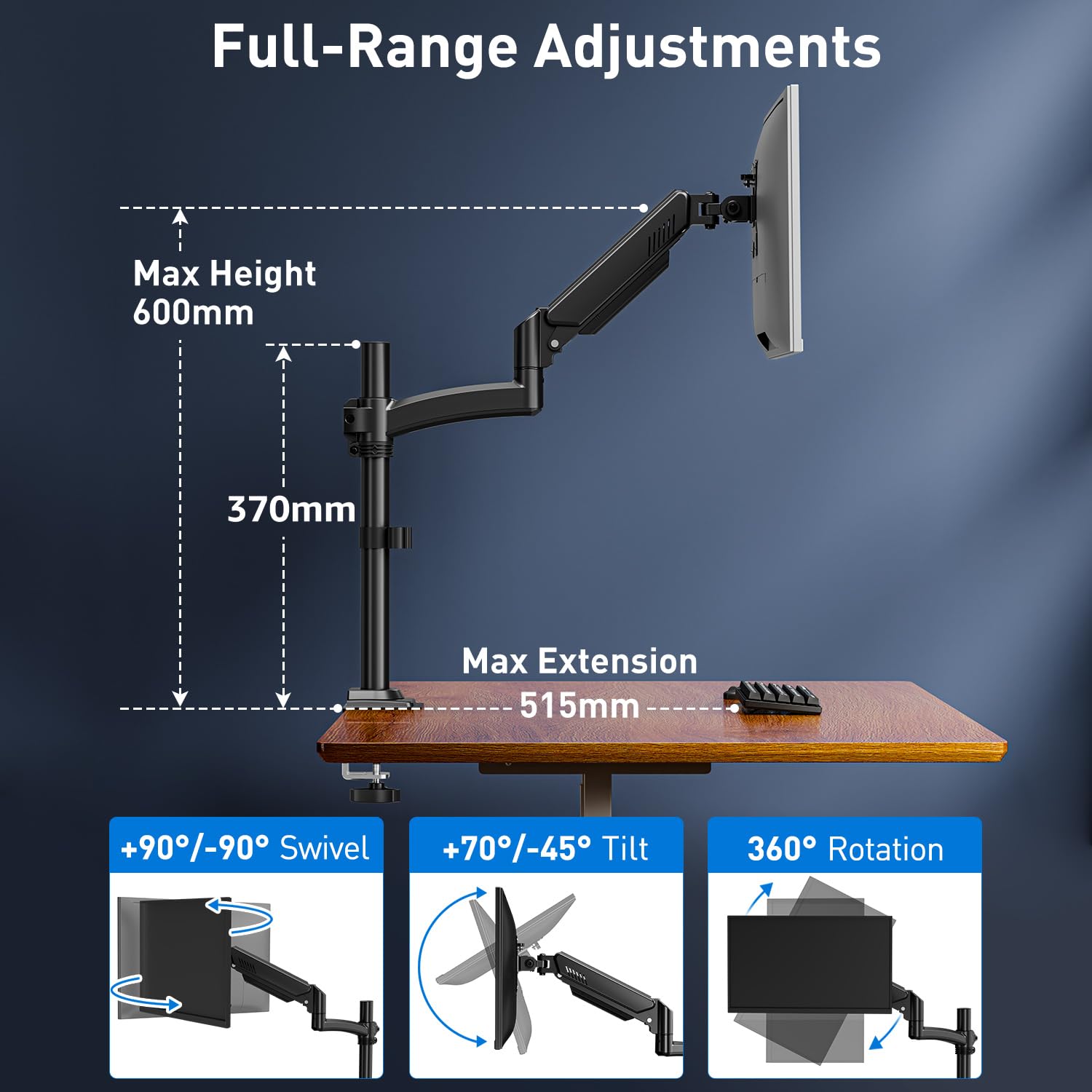 ELIVED Supporto per monitor da 13 – 32", braccio a molla a gas per monitor da 2 – 10 kg, con VESA 75/100 mm, altezza regolabile a braccio singolo con inclinabile, girevole, girevole, EV6033B