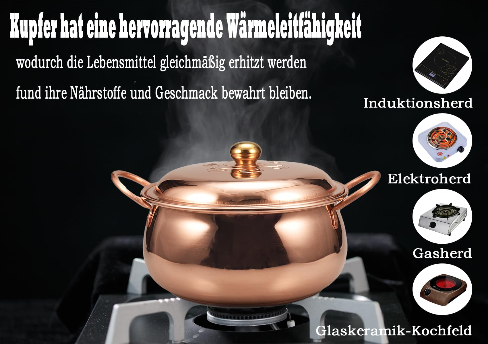 Suppentopf aus Kupfer, handgefertigt, Kupfer, für Gas- und Induktionsherde, 26 cm