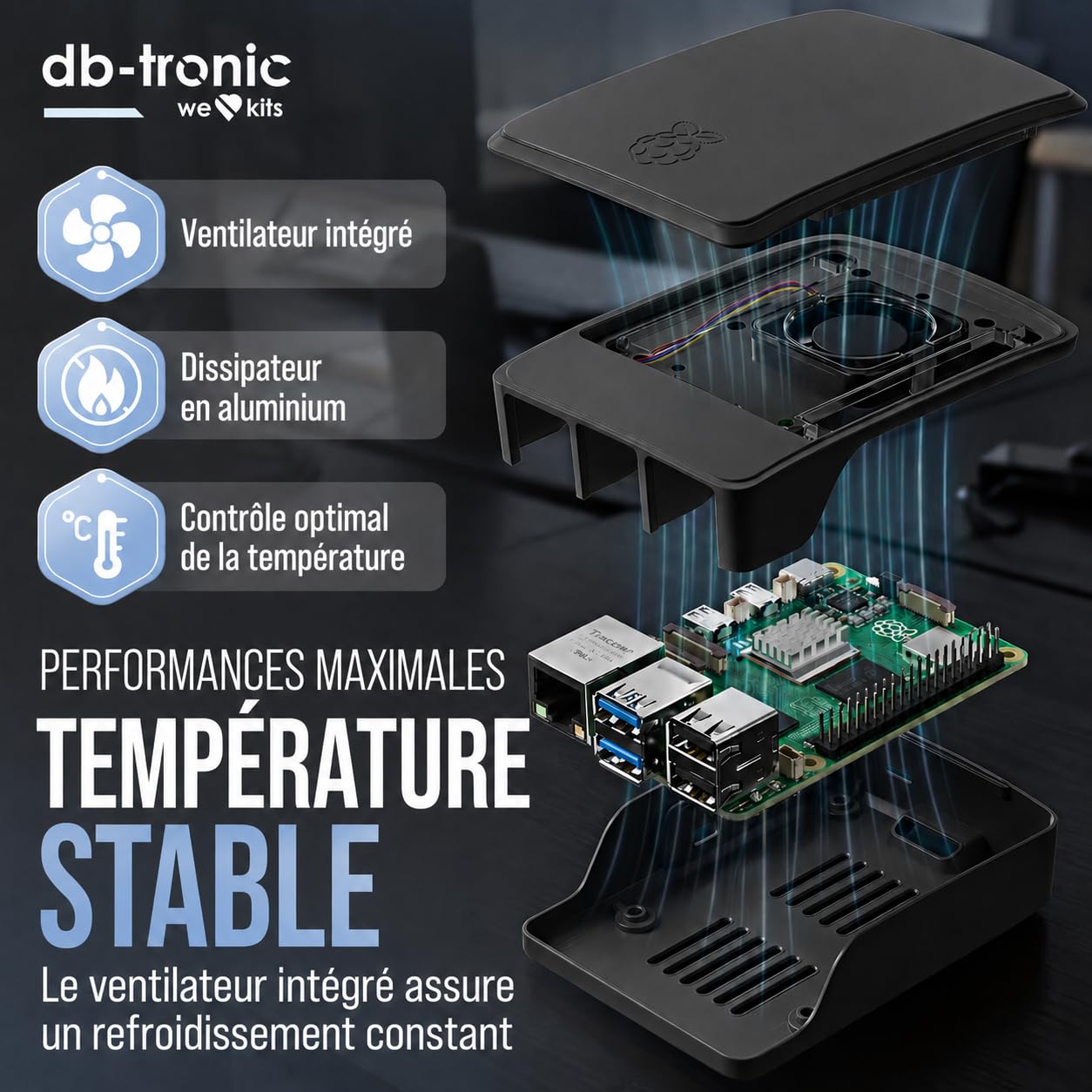 db-tronic Raspberry Pi 5 2 Go Starter Kit | Édition Noire 64 Go | Alimentation 27 W | Boîtier avec Ventilateur | Micro HDMI 4K | idéal pour Home Assistant et Le Smart Home