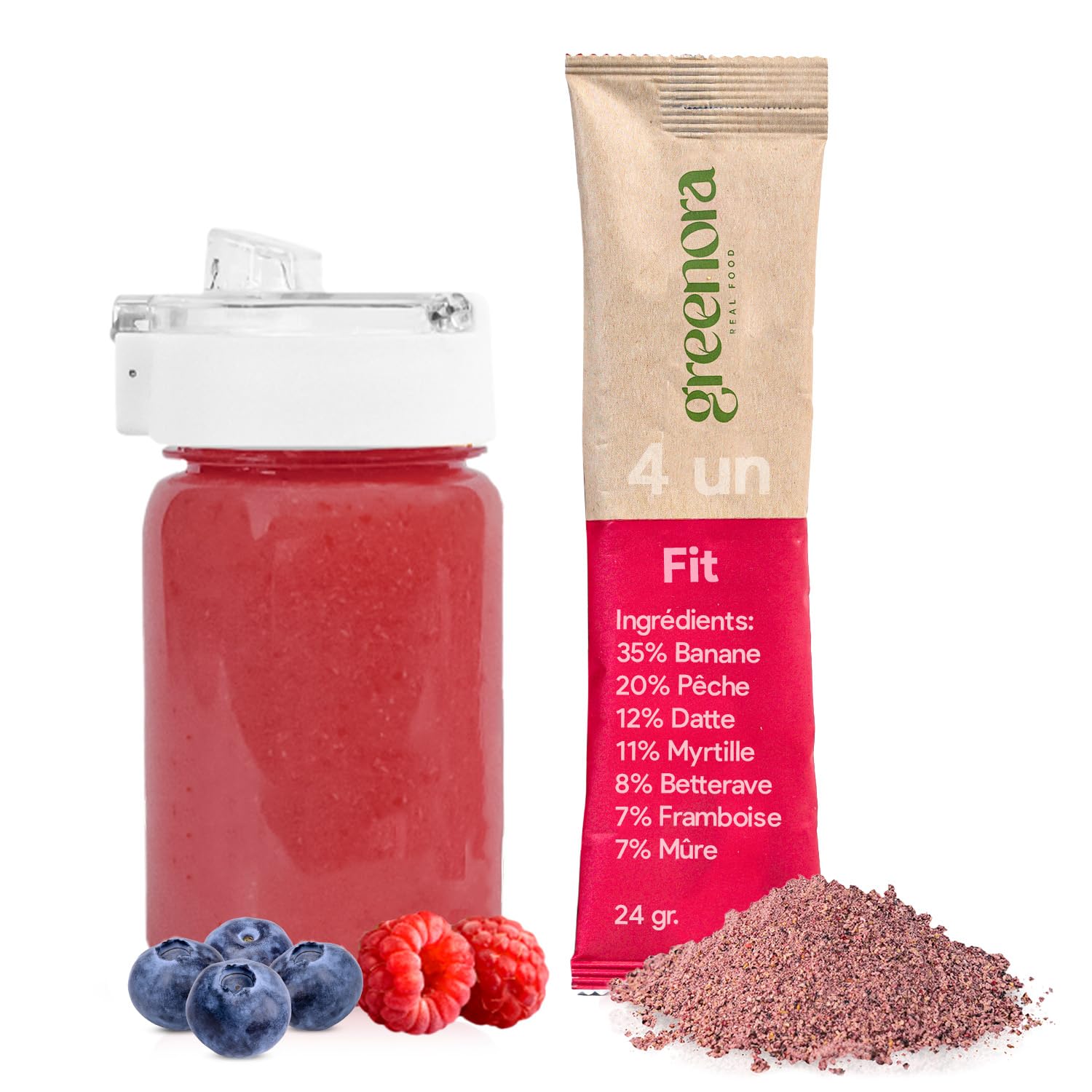 GREENORA Shaker + Smoothie Bowl Fruits Lyophilisés Poudre 100% Naturel. Banane Pêche Datte Myrtilles Betterave Framboise. Séchée Déshydratée. 4x24g