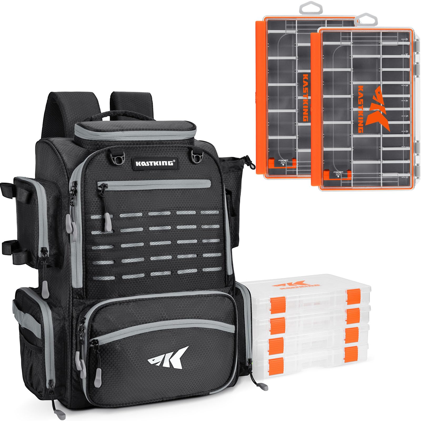 KastKing Bait Boss Fishing Tackle Backpack(Black) with Rod Holders-4 Tackle Boxes & HyperSeal Waterproof Tackle Box