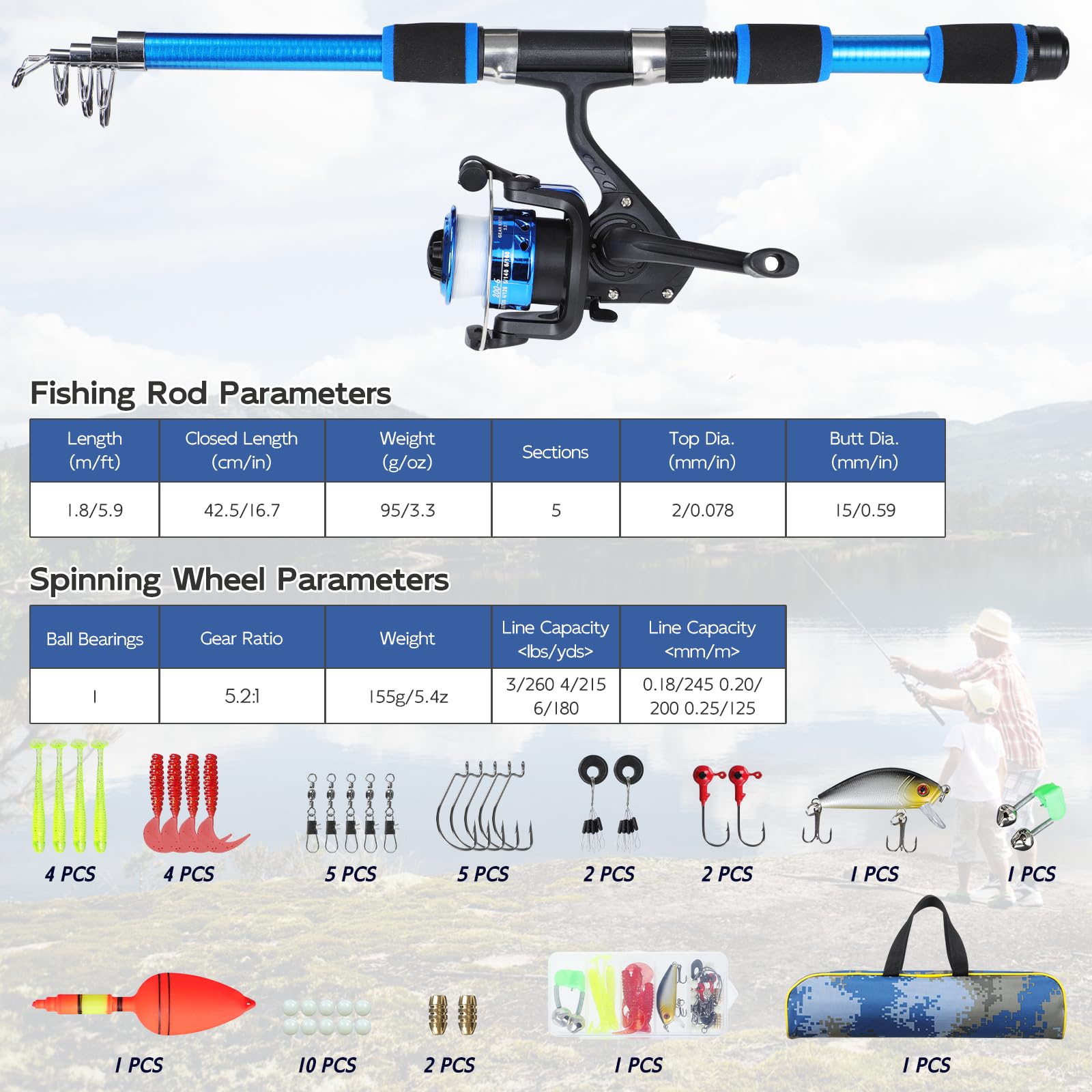 Kit de Canne à Pêche pour Enfants,180cm Combo Télescopique Canne et Moulinet pour Débutants avec Moulinet Spincast, Equipement de Pêche, Kit Peche pour Garçons, Filles, Tout-Petits