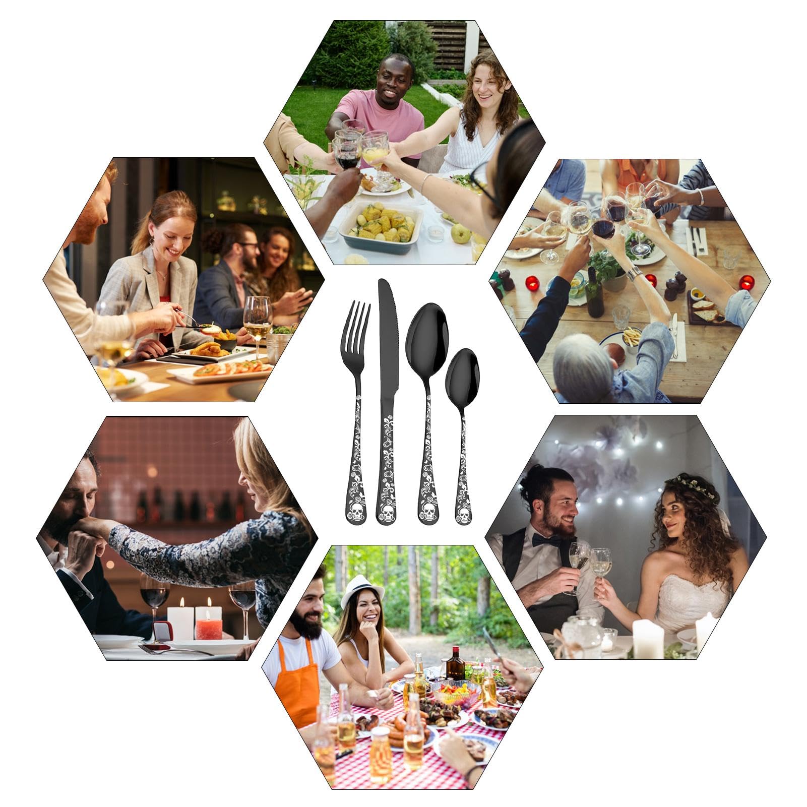 Ensemble de couverts pour 6 personnes, couverts de cuisine | 24 couverts avec motif tête de mort | Fourchettes et cuillères de cuisine portables, couverts pour la cuisine à la maison, le