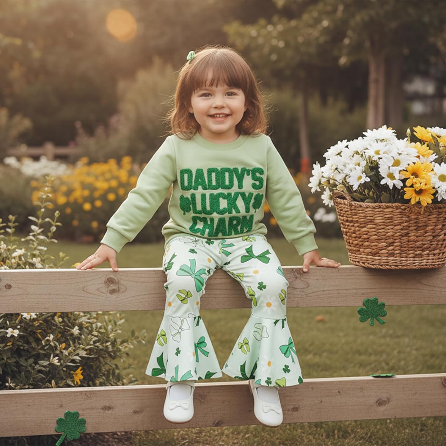 Toddler Baby Girl St Patricks Day Outfit Embroidered Long Sleeve Sweatshirt Top Flared Pants 2Pcs Set Irish Clothes - Image 3