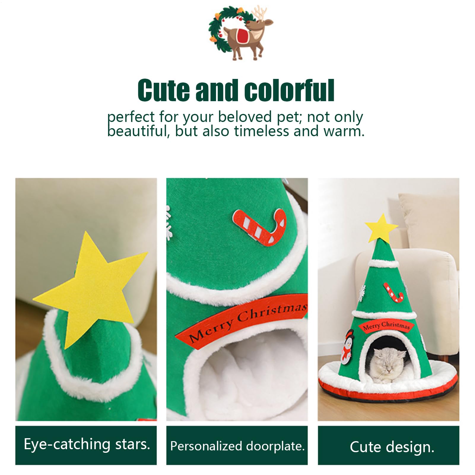 Cuccia Gatti Chiusa Albero di Natale Caldo con Cuscino Amovibile | Cuccia Morbida Tana Gatti Per Cuccioli Cani Piccoli Decorazione Casa Camera Balcone Inverno Appartamento