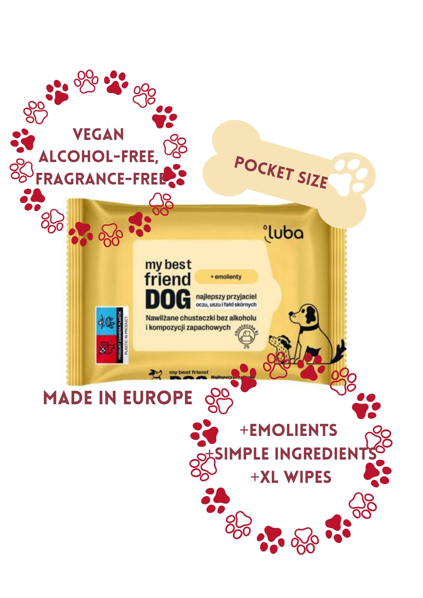 Moisturized dog wipes for sensitive areas eyes, ears skin cleaning LUBA my best friend DOG 25pcs. pocket size SIMPLE INGREDIENTS, XL wipes plastic free alkohol free - Image 2