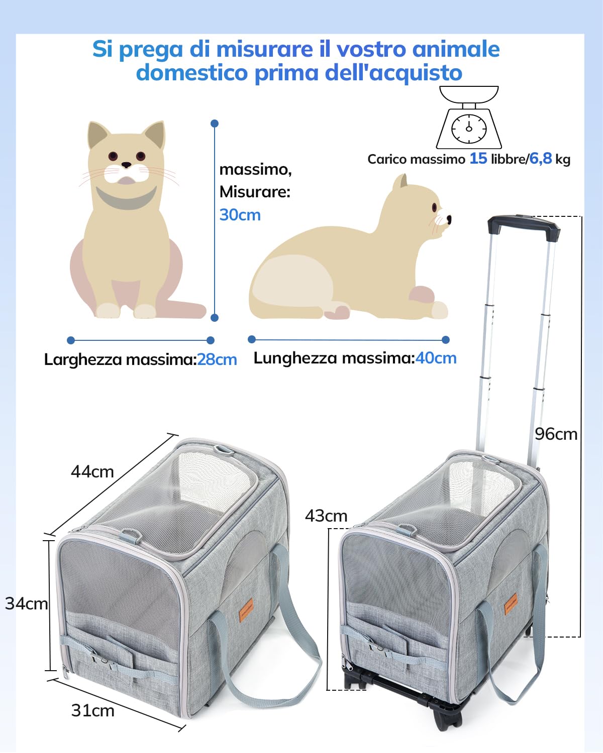Morpilot Borsa per il trasporto per gatti con ruote, pieghevole, per il trasporto di gatti, trasportino per cani di piccola taglia
