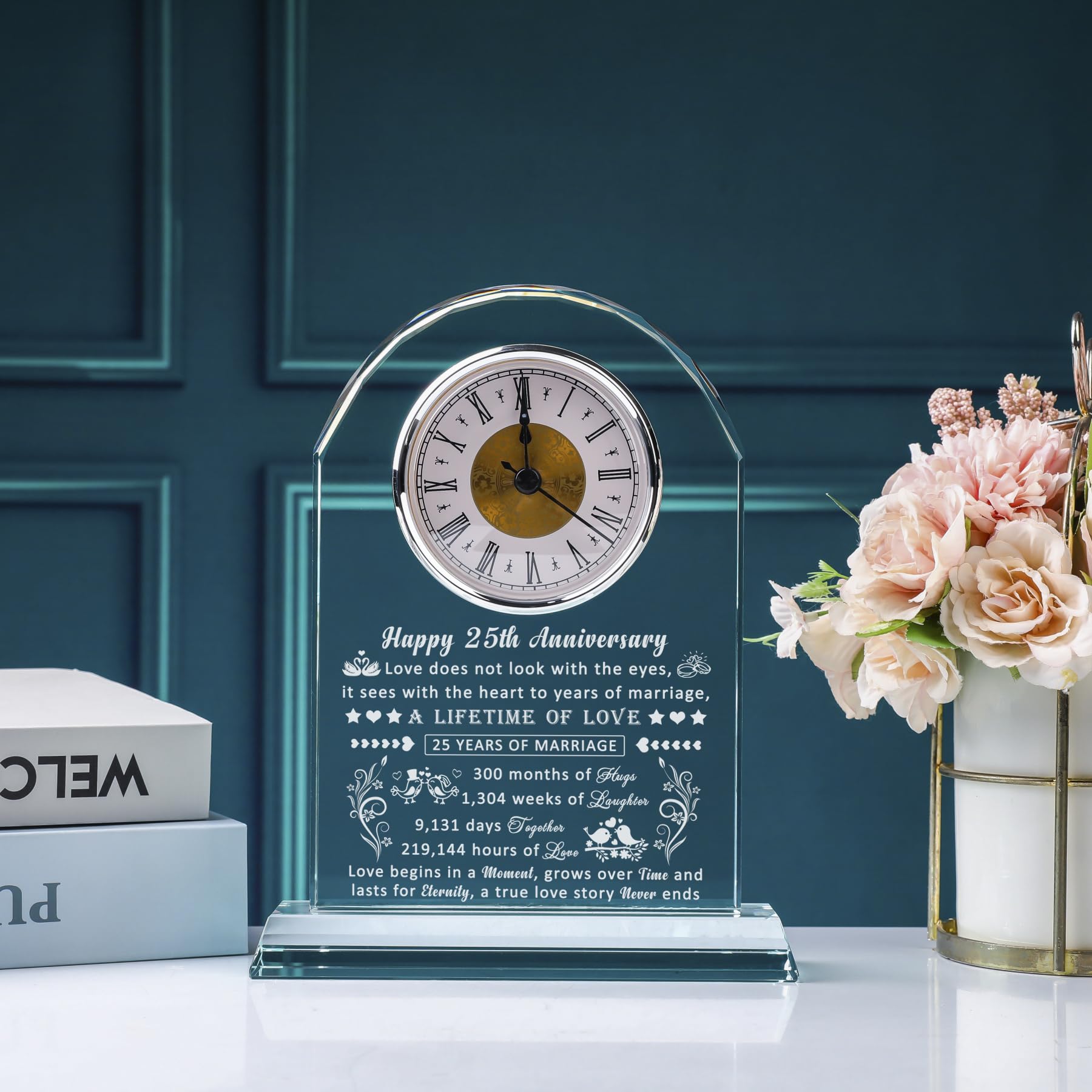 25th Wedding Anniversary Glass Quartz Clock Gifts for Women Men, 25 Year Anniversary Romantic Gift for Him Her, Silver Anniversary Clock Gifts for Couple, 25 Years of Marriage Gifts