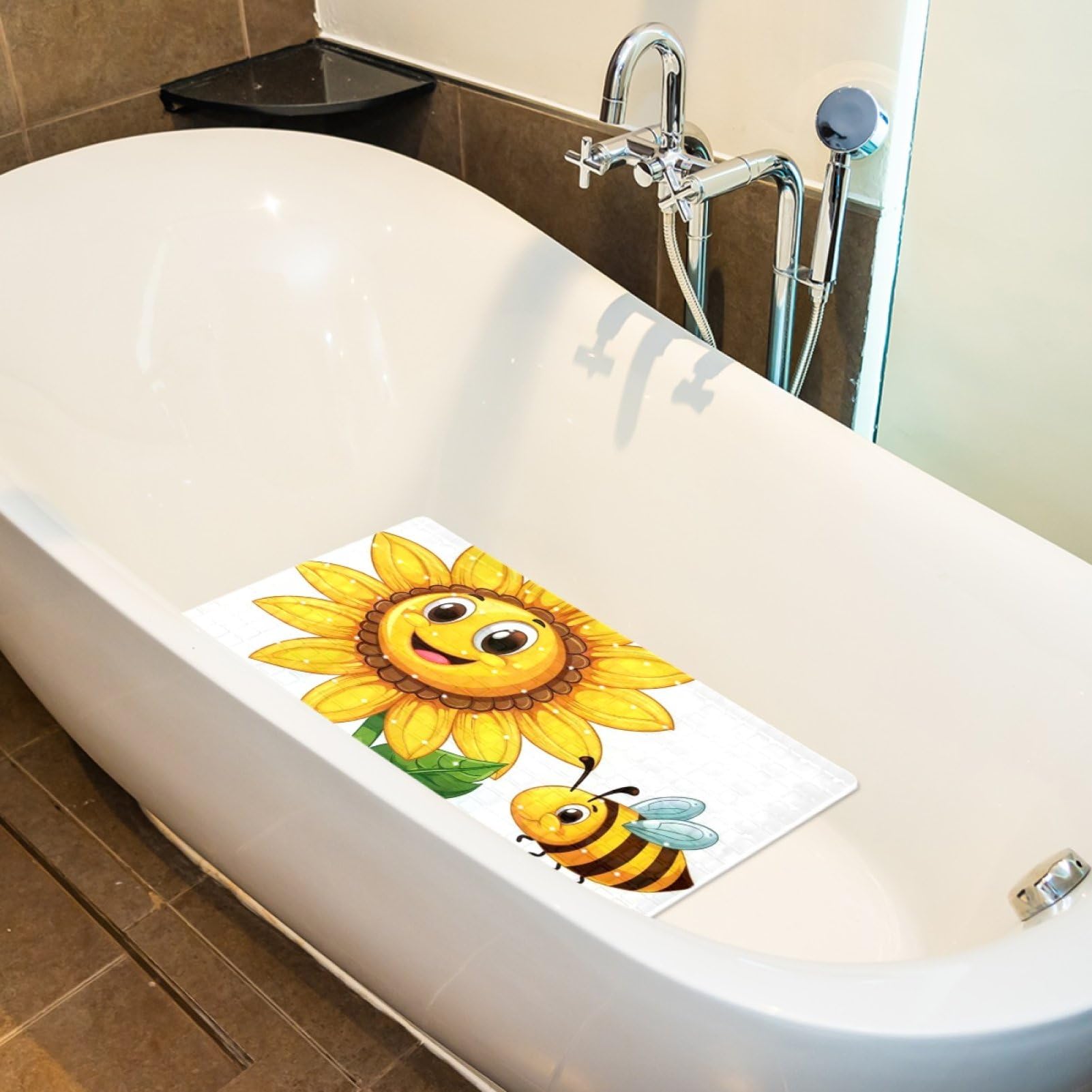 Badematte mit Cartoon-Sonnenblumen-Motiv, Duschmatte für Innendusche, rutschfeste PVC-Badewannenmatten für Badezimmer, nasse Duschbereiche (38,5 x 68 cm)