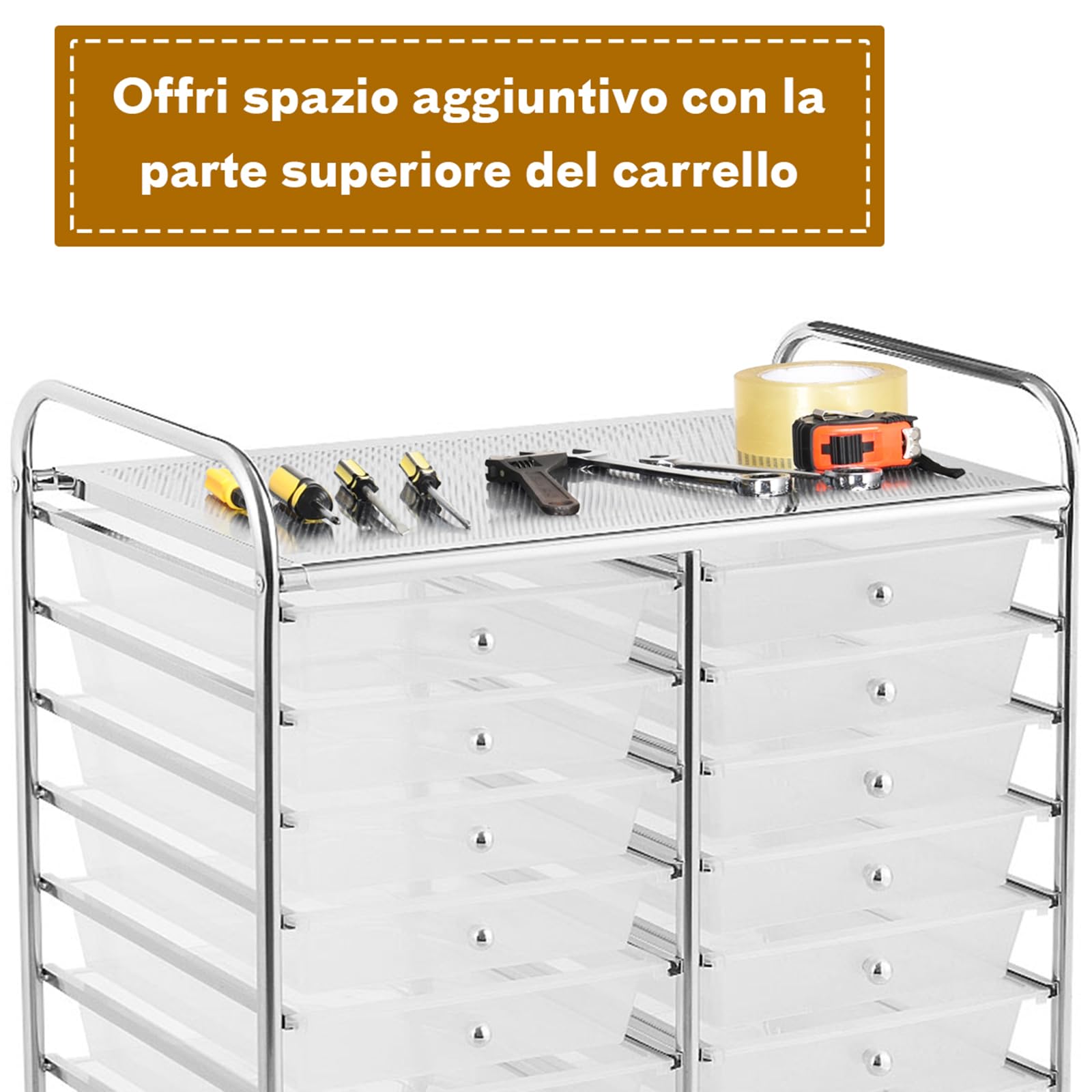 COSTWAY Carrello di Stoccaggio con 20 Cassetti, Carrello portaoggetti con 4 Ruote, Carrello Multiuso per Scuola Ufficio Cucina, 64 x 39 x 88 cm (Trasparente)
