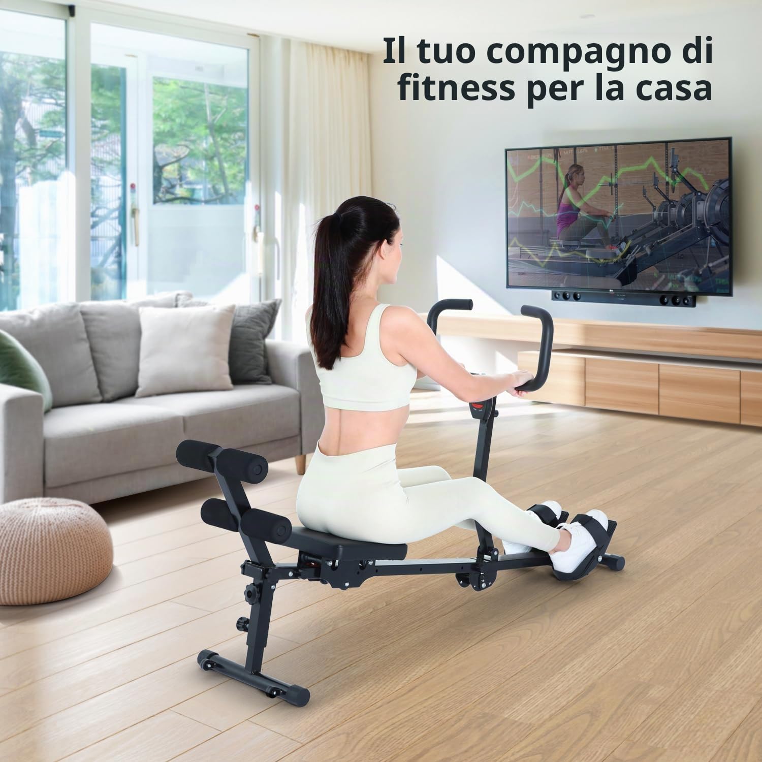vogatore per casa, sportneer idraulico, pieghevole, con 12 livelli di resistenza, attrezzo fitness per casa, allenamento addominale con impugnatura a U e schienale, portata fino a 135 kg