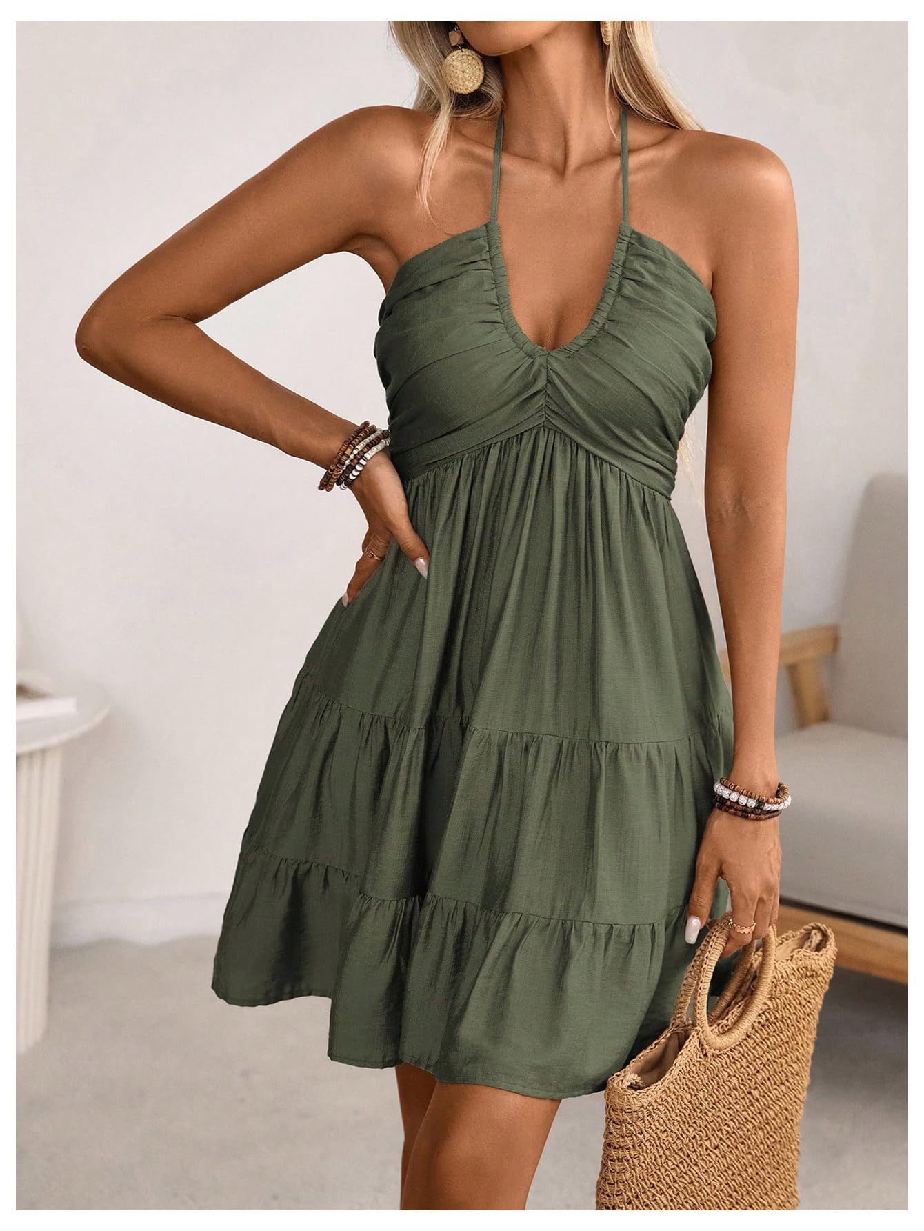 SOLY HUX Women's Summer Mini Dress Halter Backless Sleeveless A Line Ruffle Hem Flowy Cami Dresses Sundress: Small Pure Army Green