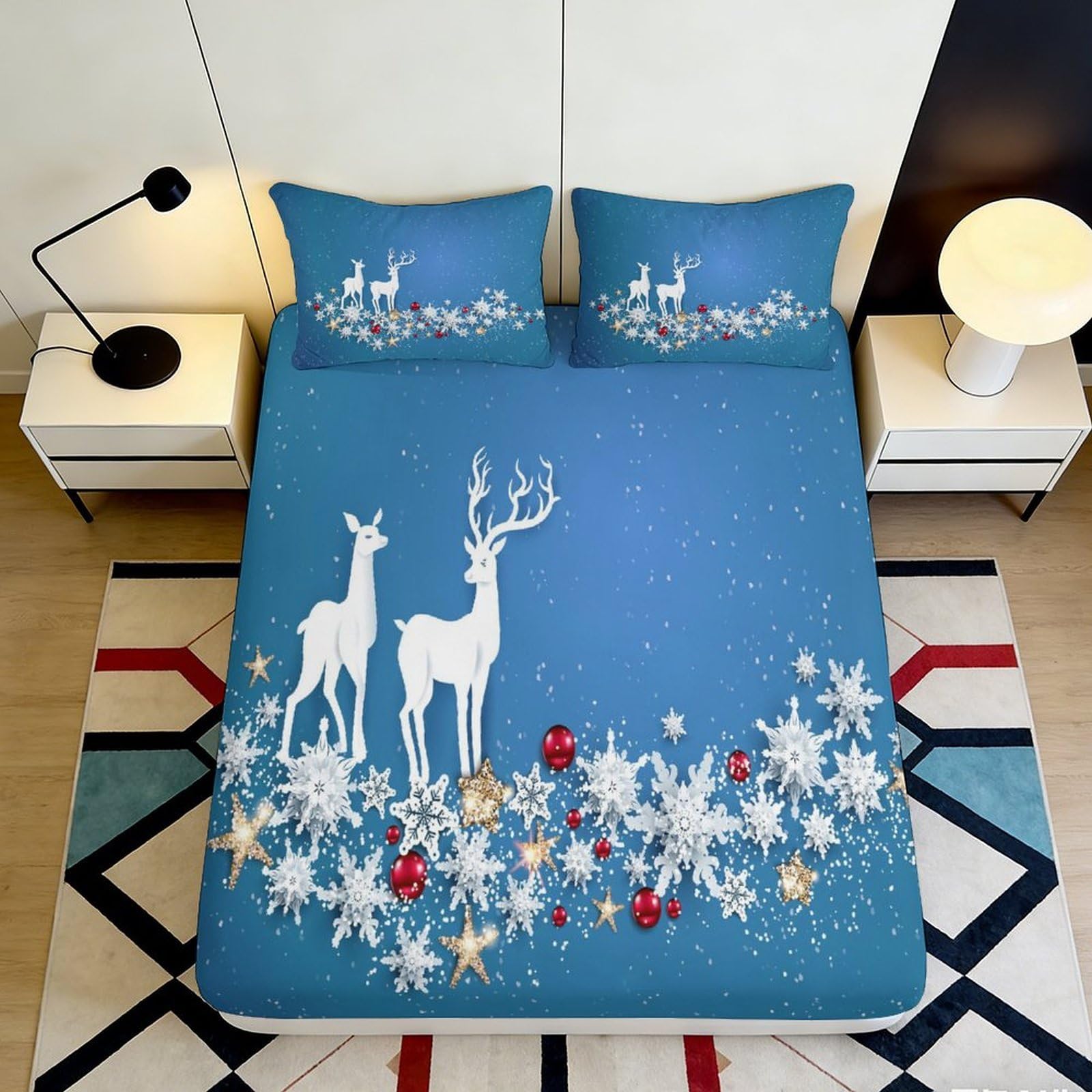 3D Printed Blue Deer Fitted Sheet Microfiber Bedroom Decor Snowflake Bed Cover for Adult Teen Guest Room 90x200x25cm