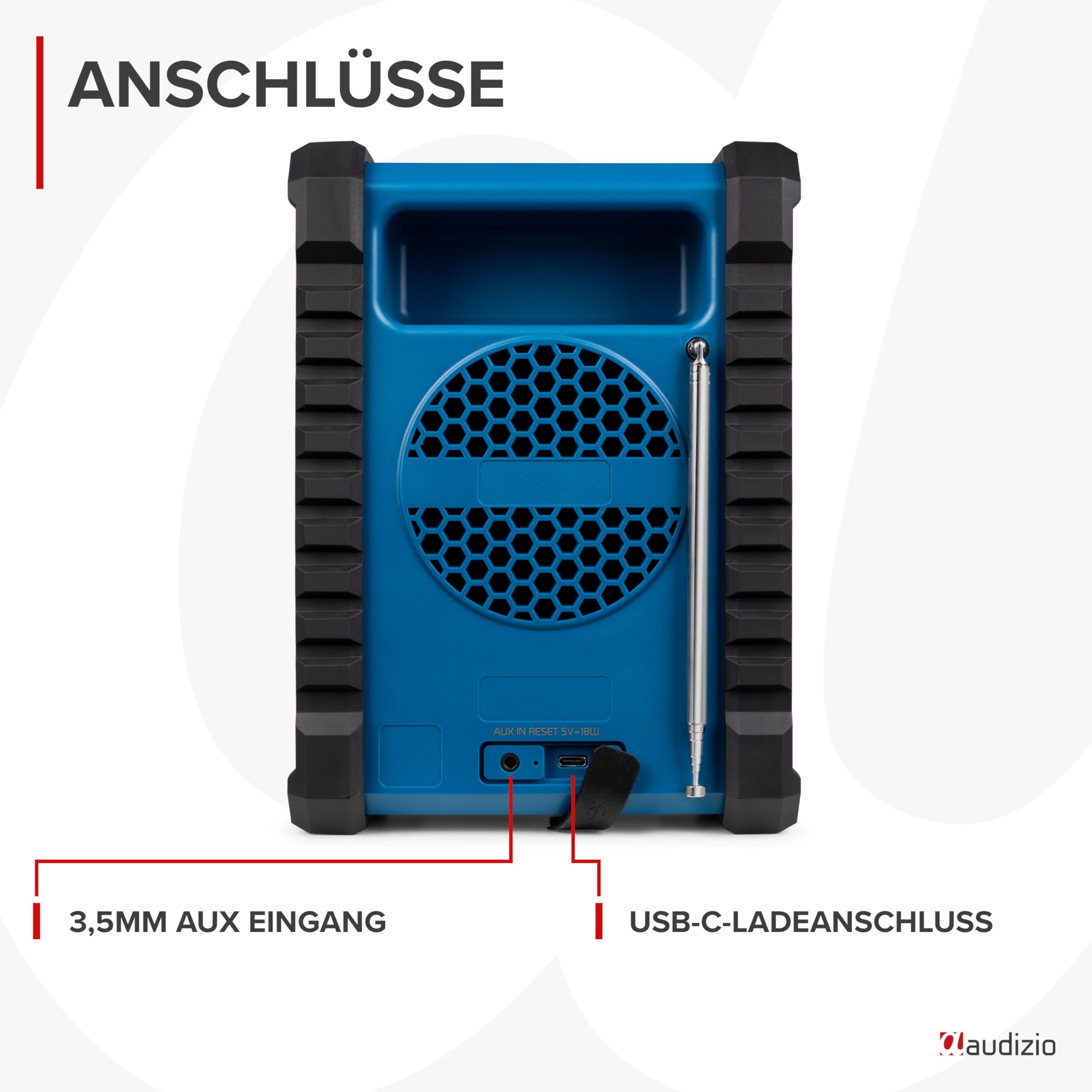 Audizio Jobsite - Baustellenradio DAB Plus Radio mit Bluetooth 5.0, Akku 8h, 100 Watt Leistung, IP54 Wasserdicht, FM, Tragegriff, DAB+, Werkstattradio mit AUX & USB, Outdoor Radio