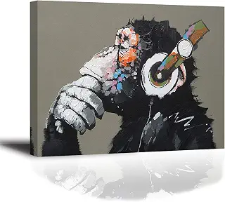 『音楽を聴いている猿』キャンバス絵画 バンクシー Banksy 現代の動物装飾画 チンパンジー 落書きPIY PAINTINGアートパネル ウォール フレームポスター 木枠付きの完成品 取り付けやすい壁アート 複製名画 インテリア 新築飾り 壁掛け 玄関、洗面所、キッチン、寝室の飾り ソファの背景絵画 会社の事務所にアクセントとして クリスマスのギフト（木枠付き、30x40cm、１枚パネル）