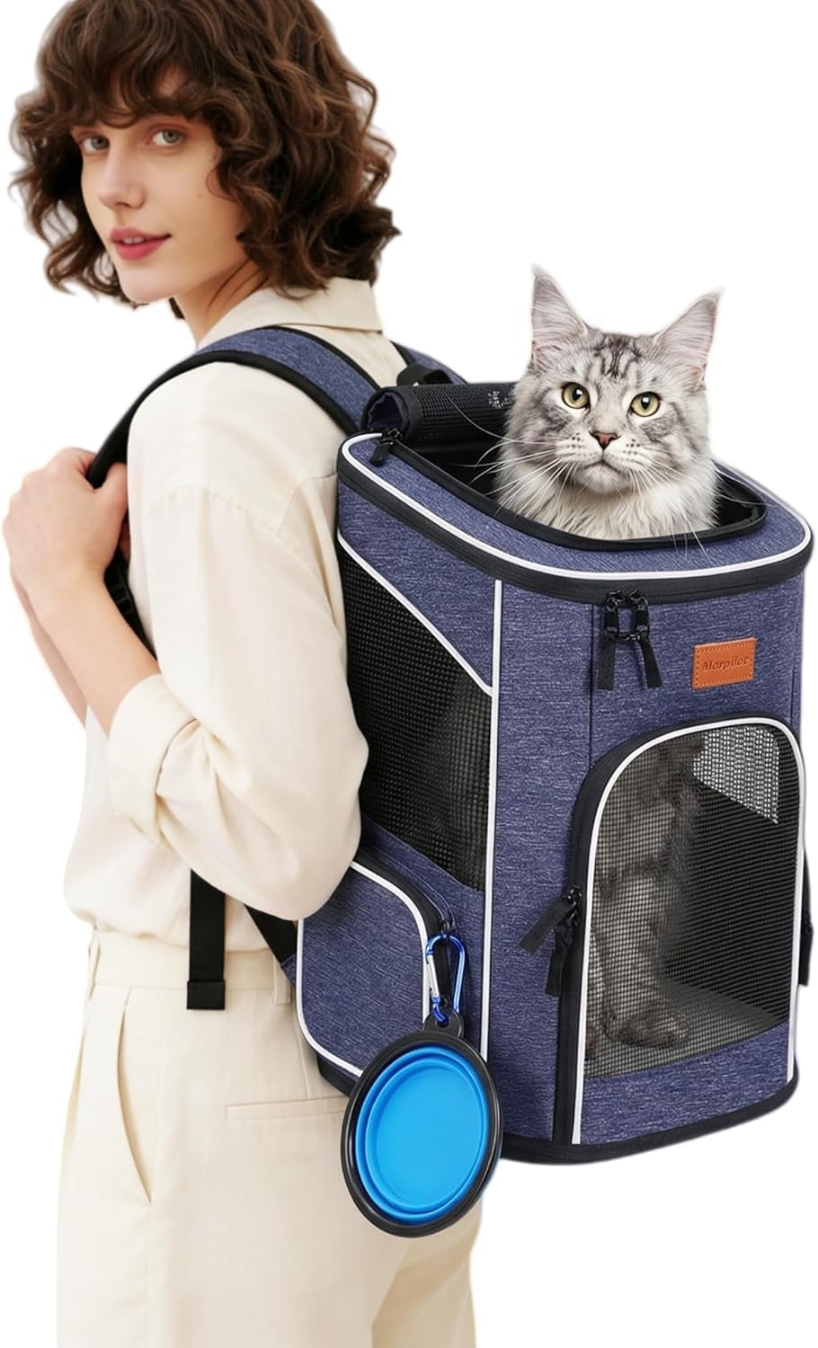 morpilot Mochila Transportín Perro, Mochila Transportín Gato Bien Ventilado con Correa de Seguridad Interior, Bolsa de Transporte para Para Gatos y Perros Pequeños Azul (32 x28 x42cm) + Tazón Plegable