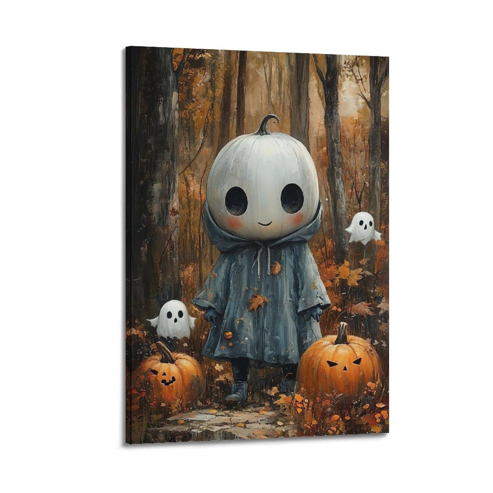 Poster su tela con stampa moderna per la casa, poster di Halloween, zucca, elfo della foresta, immagine carina e ha un senso del festival, decorazioni per Halloween, 50 x 75 cm, con cornice