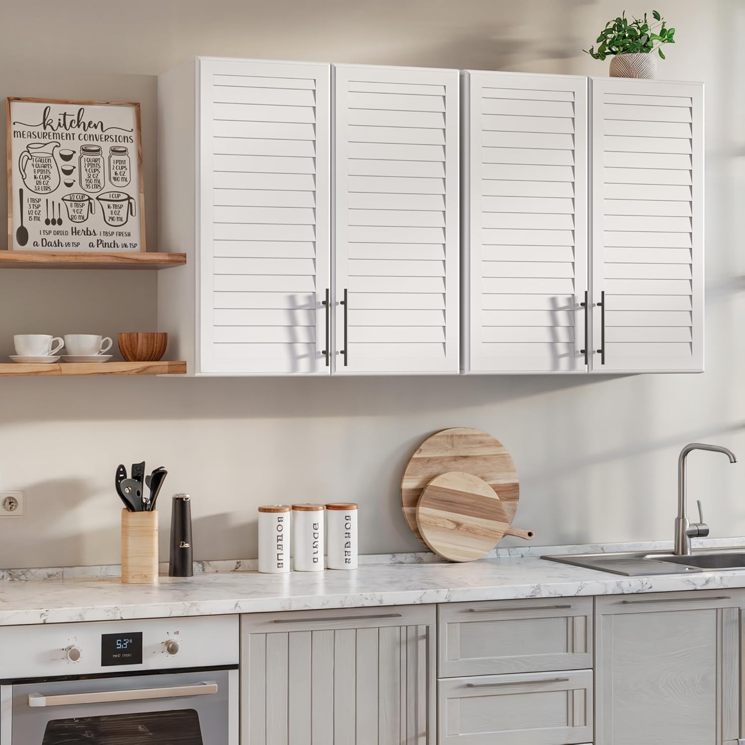 FIMELLO 59’’ Laundry Room Cabinets Wall Mounted, Kitchen wall Cabinet, Bathroom Wall Cabinet, Hanging Cabinet, Adjustable Shelf, Shutter Style Door, White
