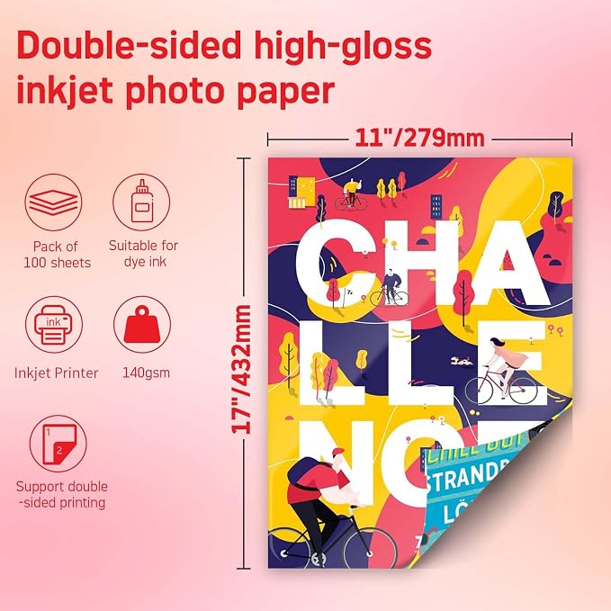 Papel fotográfico brillo doble faz 140gsm 11x17 pulgadas 100 hojas miniatura 2