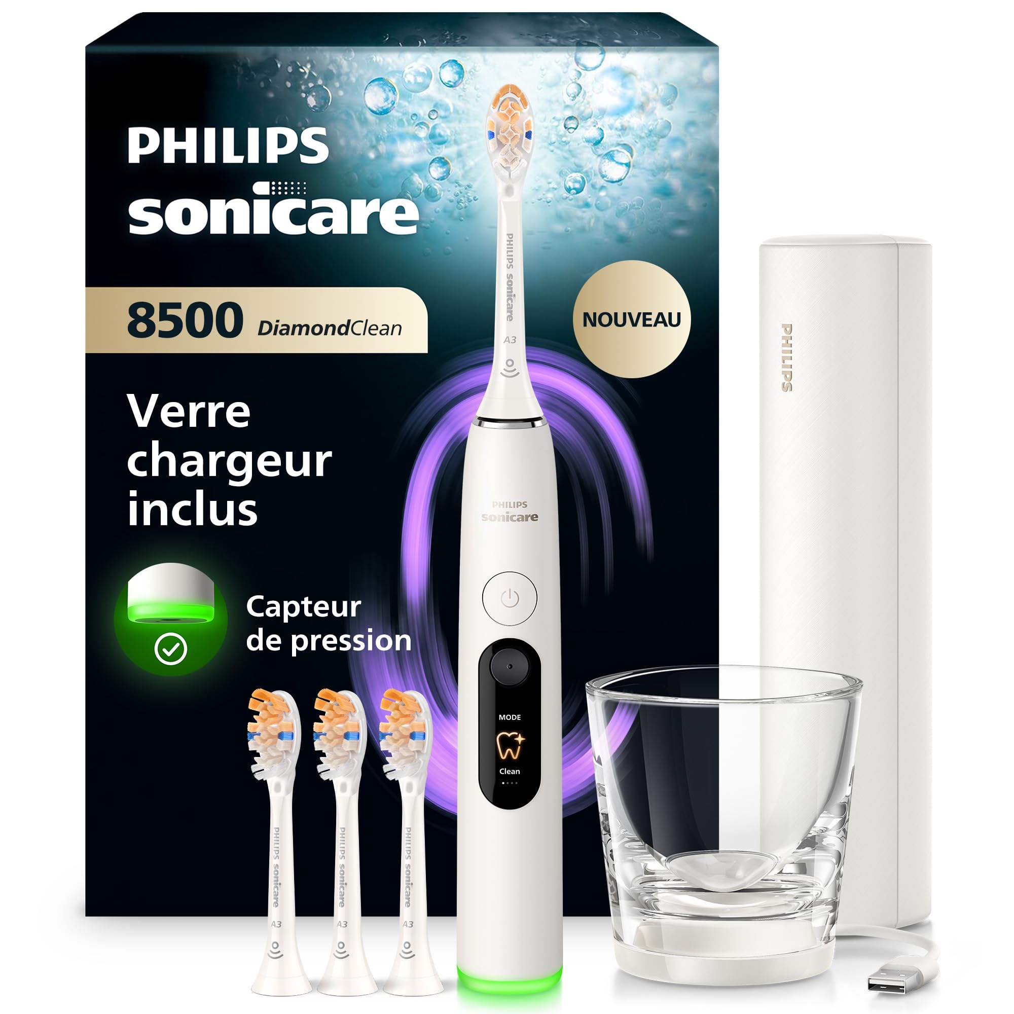Philips Sonicare DiamondClean 8500 nouvelle génération – brosse à dents électrique avec capteur de pression, 18 réglages, coloris blanc poudré, modèle HX8515/11