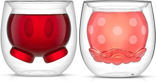 JoyJolt Mickey Pants and Minnie Skirt 3D 7.4 oz - Tazas de café de vidrio de doble pared (2 piezas). Taza de café de Disney, tazas de espresso y