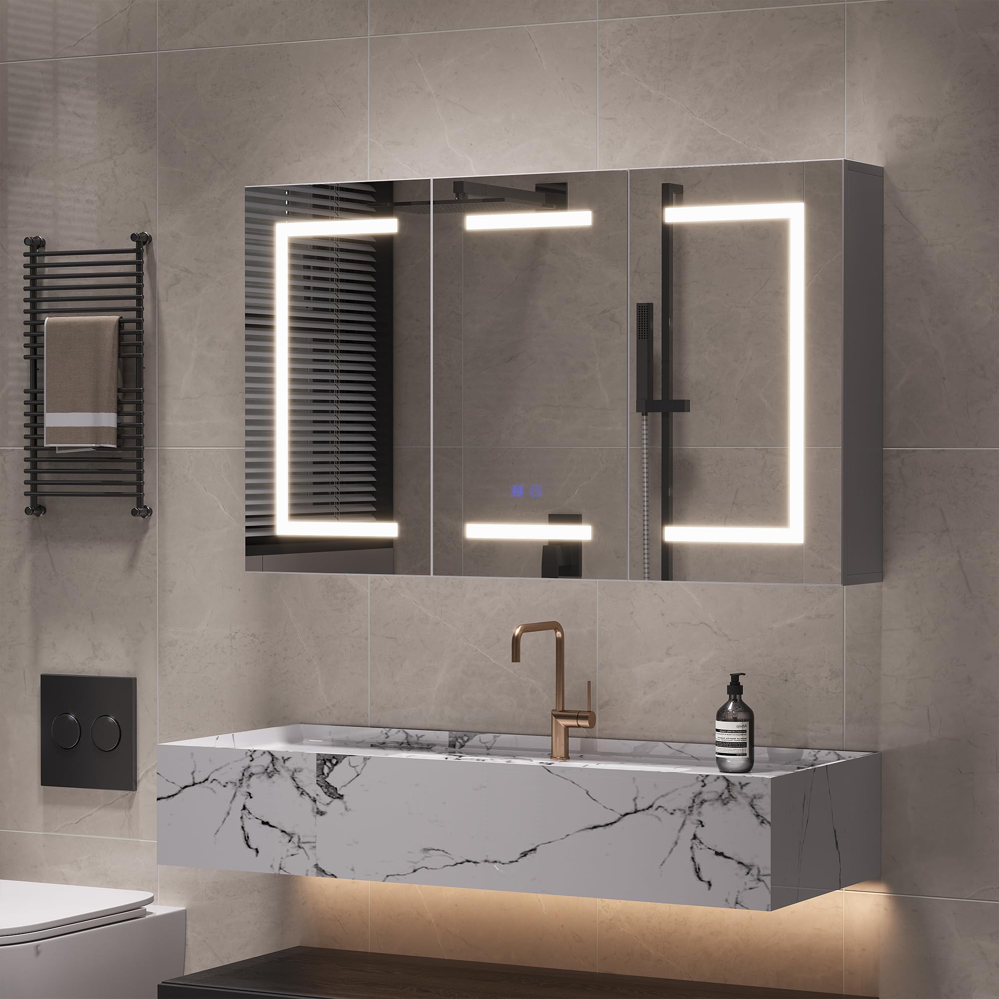 Armario con espejo con iluminación led, gabinete de baño con 3 colores de luz, espejo de baño con almacenamiento y 3 puertas, armario con espejo con estante ajustable (blanco, 2, 100 x 60 cm)