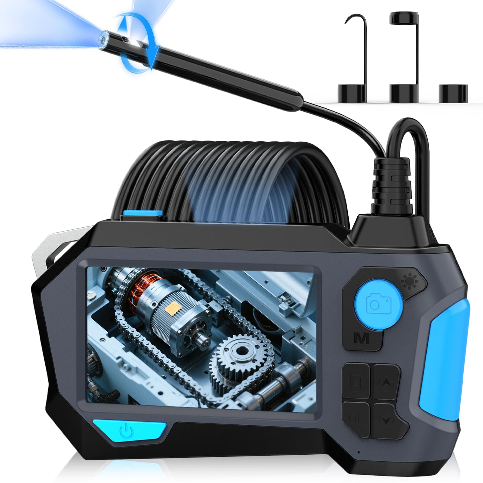 Endoskopkamera mit Licht, Ferdiiz 1920P HD Dual-Objektiv mit 720° Zwei-Wege-Drehung, Endoskopkamera Beweglicher Kopf mit 4,5” IPS Bildschirm, IP68 Halbstarre Rohrkamera, 8+1 LED-Inspektionskamera - 5M