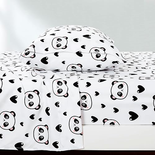 Miniatura 4 de Chezmoi Collection Juego de sábanas de 3 piezas para niños y adolescentes, microfibra suave, color blanco y negro, estampado de corazones de panda,