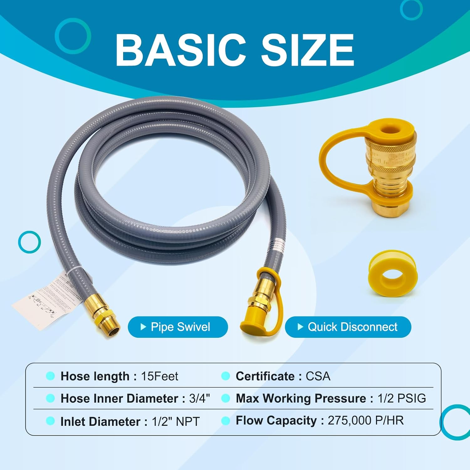 15FT, 24FT, 30FT 3/4" ID Natural Gas Hose with Quick Connect 3/4" ID Natural Gas Hose with Quick Connect Fittings for NG/LP Propane Appliances, Generators,Grill,Patio Heaters (15FT)