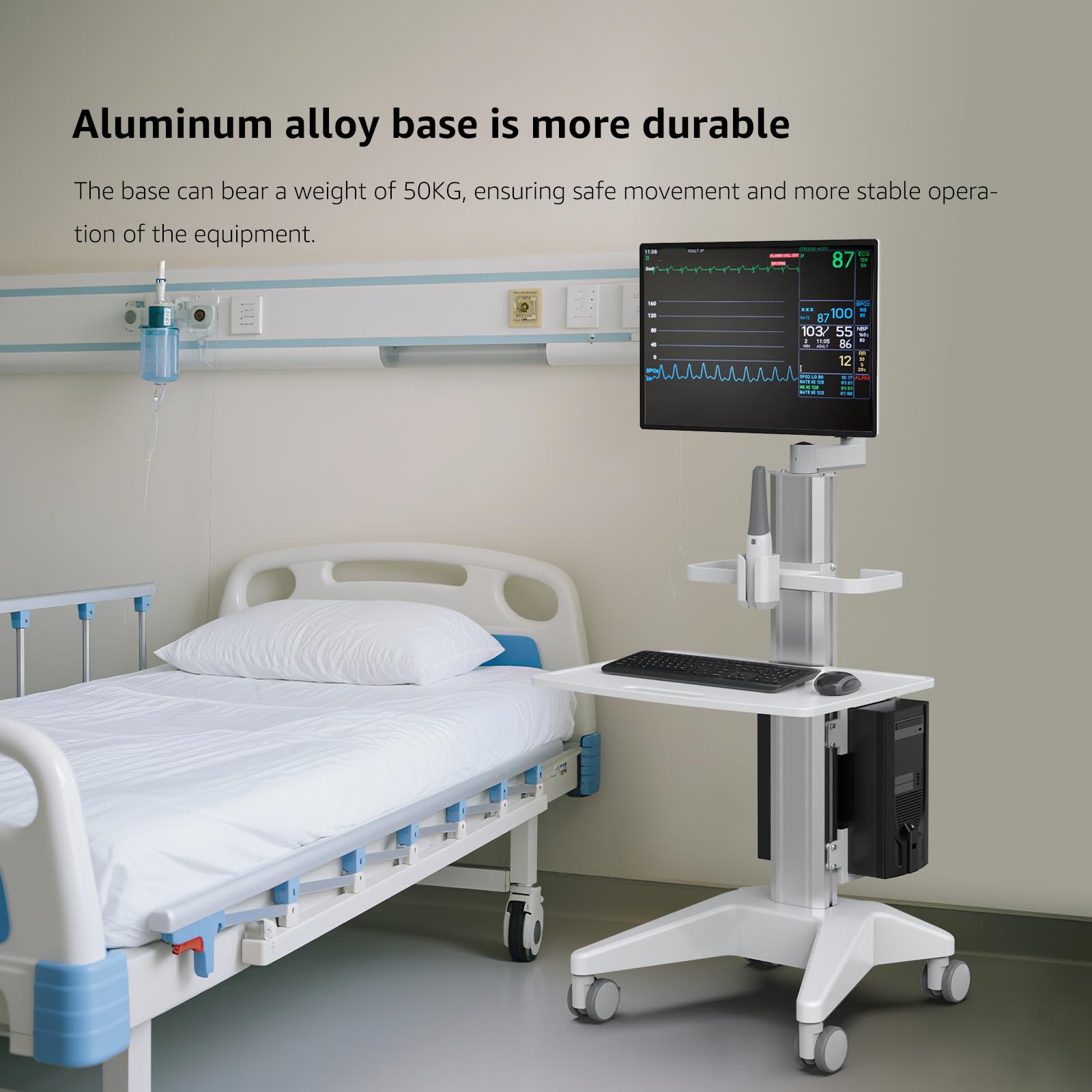 BEWISER Medizinischer Rollwagen Monitor Halterung Mobiles Podium, Mobiler Laptopwagen Robuste Basis, Computertisch Trolley für Zahnklinik, Krankenpflege,PC Workstation