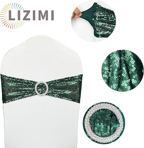 Miniatura 4 de 50 Piezas Bandas para Sillas con Lentejuelas Bandas Elásticas para Sillas Verde Oscuro Lazos de Spandex Poliéster para Fiestas Hotel Bodas Banquetes