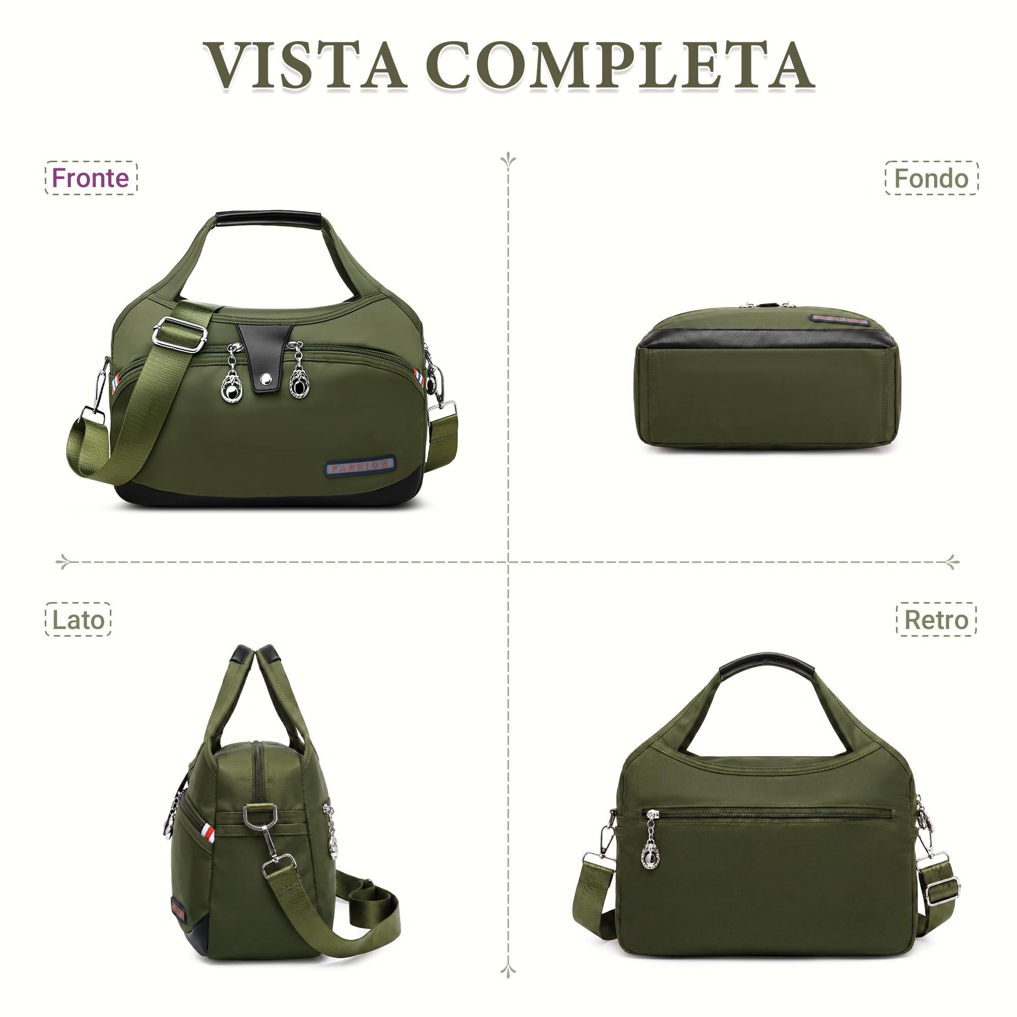 DIRRONA Borsa a Spalla Donna, Borsa a Tracolla in Nylon Leggera con Tasche Multiple, Tracolla Regolabile Borsa Donna Media per Lavoro Viaggio Uso Quotidiano Verde oliva moderno
