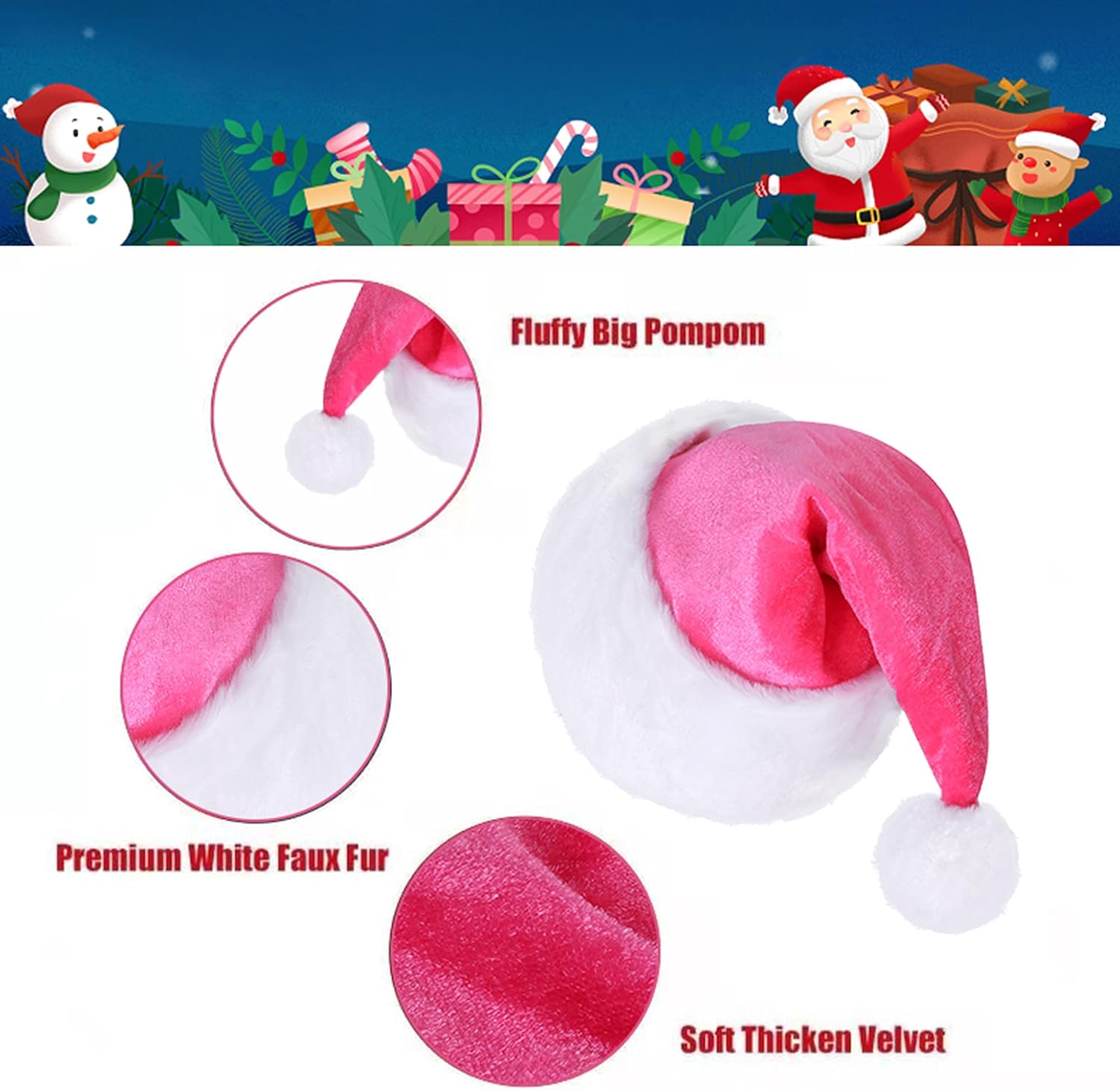 Santa Hat, Santa Hat for Kids, Unisex Velvet Comfort Pink Christmas Hats Extra Thicken Classic Plush for Christmas New Year Festive Holiday Party Supplies - Image 3