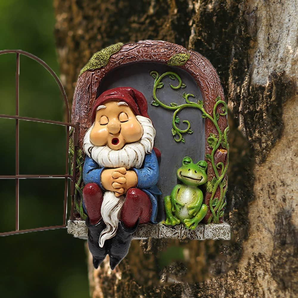 Tree Faces Decor Outdoor Hanging Gnomes Cartoon Welcome Statues Garden Art Peeker Deco for Chrismas Easter Halloween Decoration… (Red)
