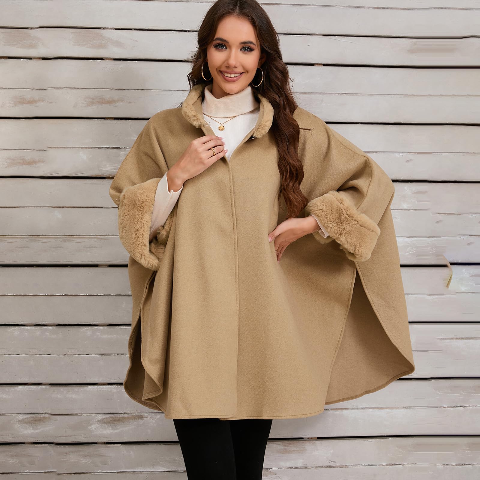 Vintage Loose Fit Poncho Mantelle Cappotto Con Colletto Peloso Polsini Per Le Donne Inverno Aperto Anteriore Baggy Mantello Cardigan Scialle Avvolgere Giacche Esterne Eleganti