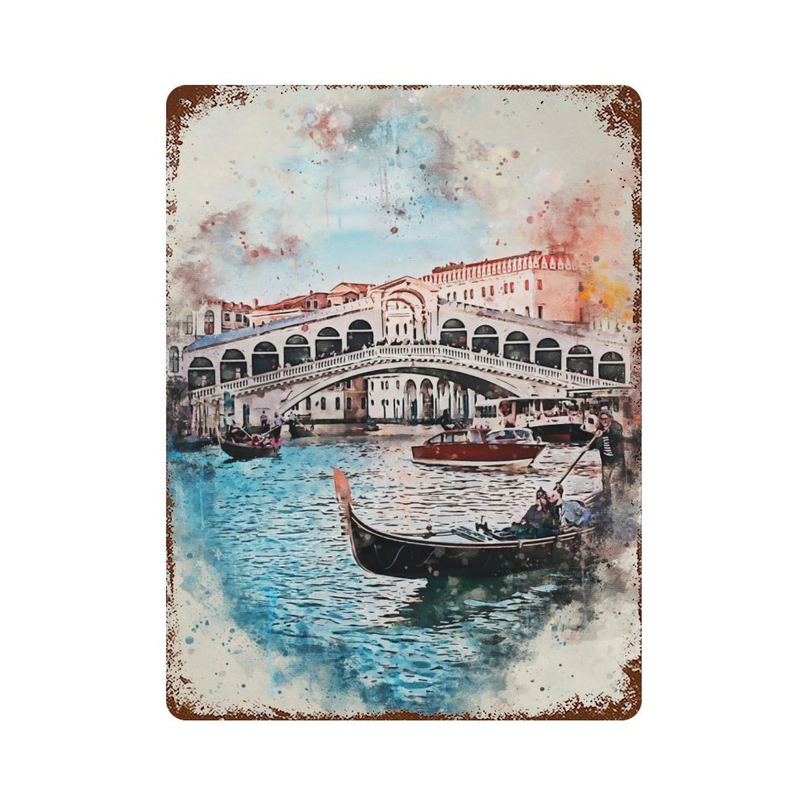 Venice in Watercolor Vintage Wall Sign 15.7"x11.8", Rust Effect Metal Decor for Basement, Hobby Room And Garage Decor