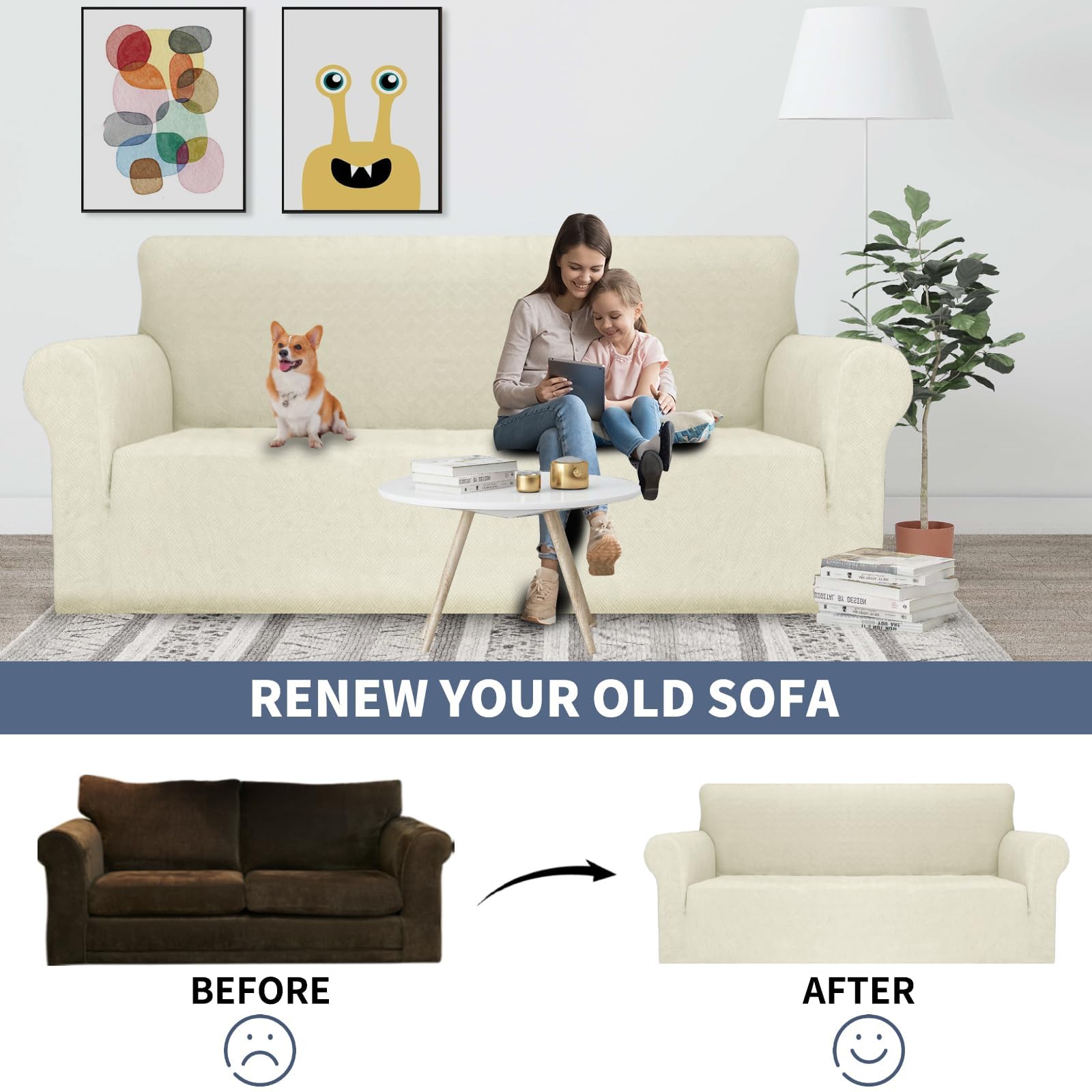 Ystyle Stretch Sofa Überzug 1 Sitzer, Sesselschoner rutschfest Mit Armlehne, Elastische Couch Überzug Jacquard, Universal Sofa Cover Moderne, Sofaschoner Hund Katze Wohnzimmer, Beige