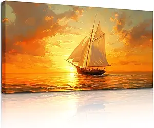 crmotu Sailboat Wall Art, Nautical Wall Decor, Large Landscape Wall Art, Seascape Painting Canvas Prints, Ocean Sunset Pictures for Living Room Bedroom Dining Room Hotel Office Artwork 24x48inch