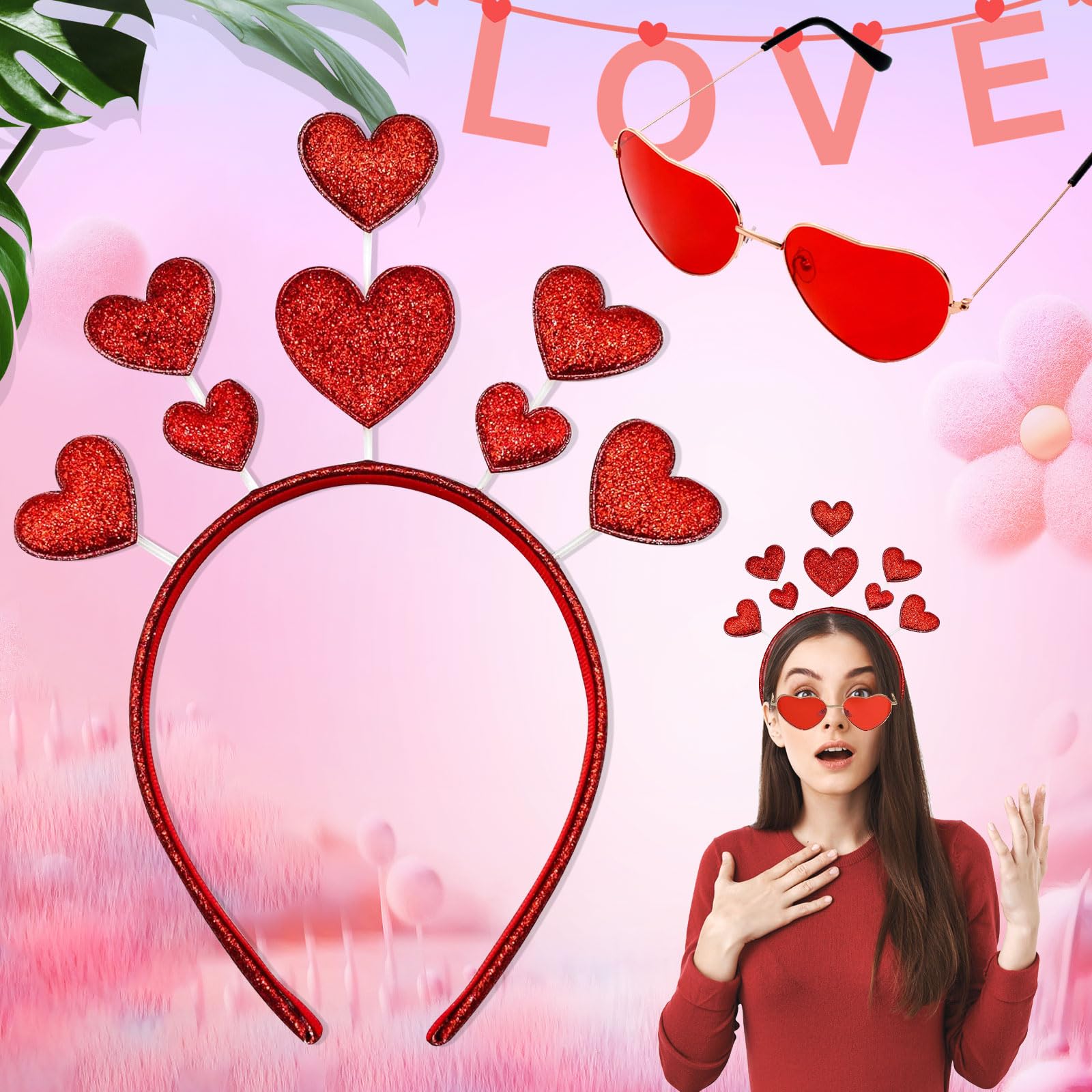 Benaton Set of 2 Heart-Shaped Headband and Heart-Shaped Glasses, Red Heart-Shaped Headband, Glitter, Heart Headband for Women with Red Heart-Shaped Glasses for Fancy Dress Party
