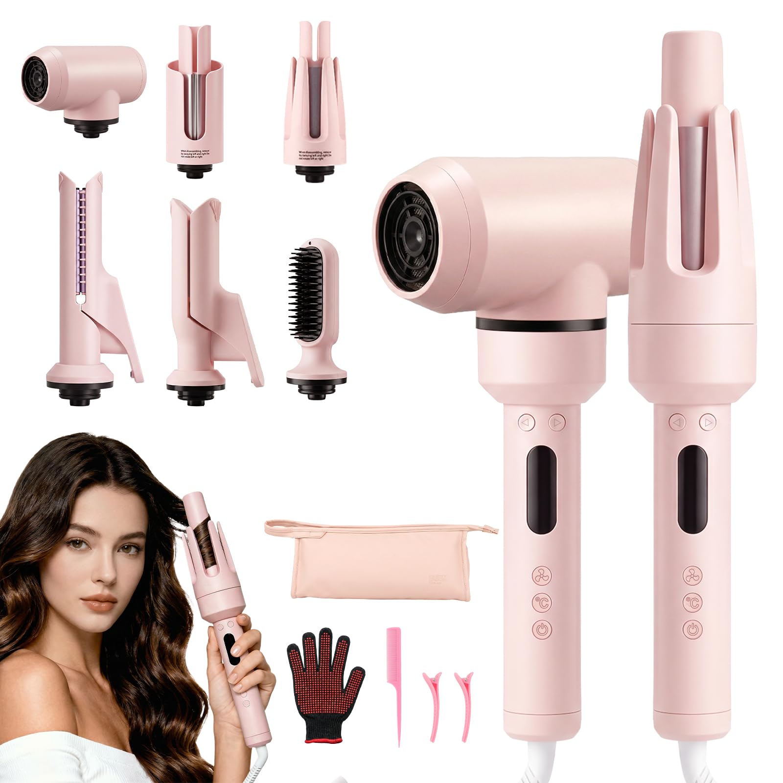 6-in-1Hairstyler, Lockenstab Automatisch Anzug, Glätteisen, Glättbürste, Wellen-Curling-Sticks, Ionen föhn, 25S Schnellheizung， für alle Anlässe und Reisen