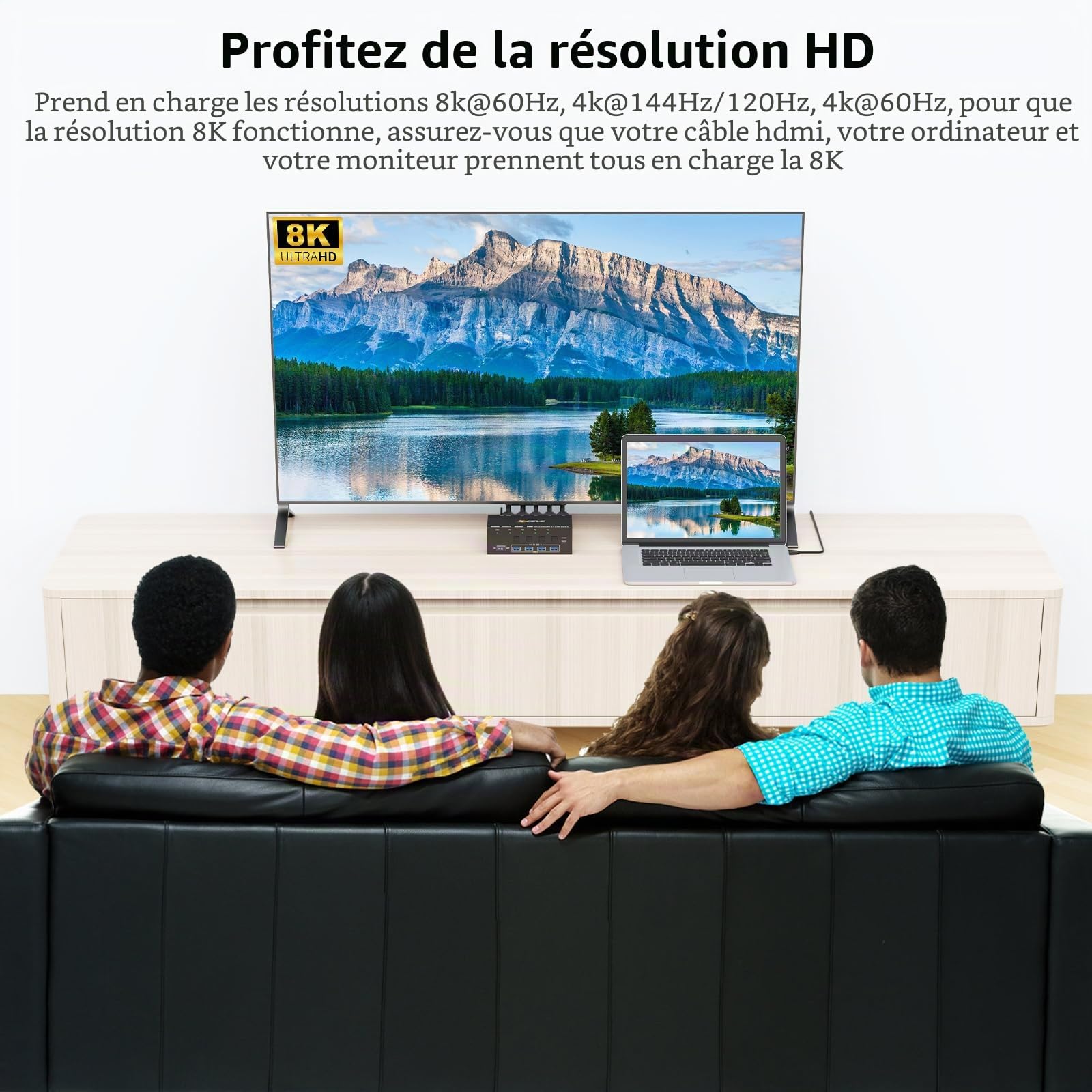 Commutateur KVM 2 Moniteurs 4 PC, KCEVE 8K@60Hz, 4K@144 Hz USB 3.0 HDMI Commutateur KVM avec Émulateur EDID pour 4PC Partager Souris Clavier et Moniteur, puce stable, haute compatibilité