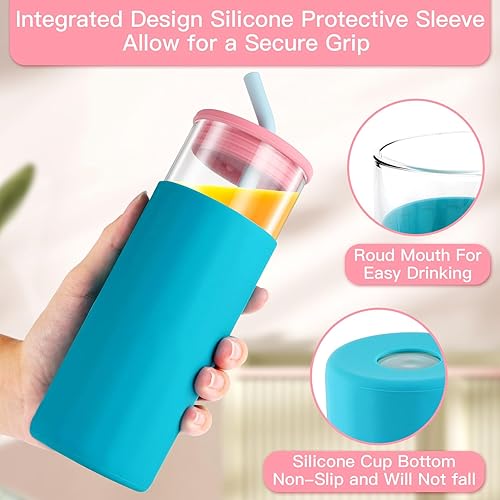 Miniatura 3 de Taza para café helado con tapas y popote, botella de agua de vidrio de 20 onzas con funda protectora de silicona, reutilizable, lindo vaso para