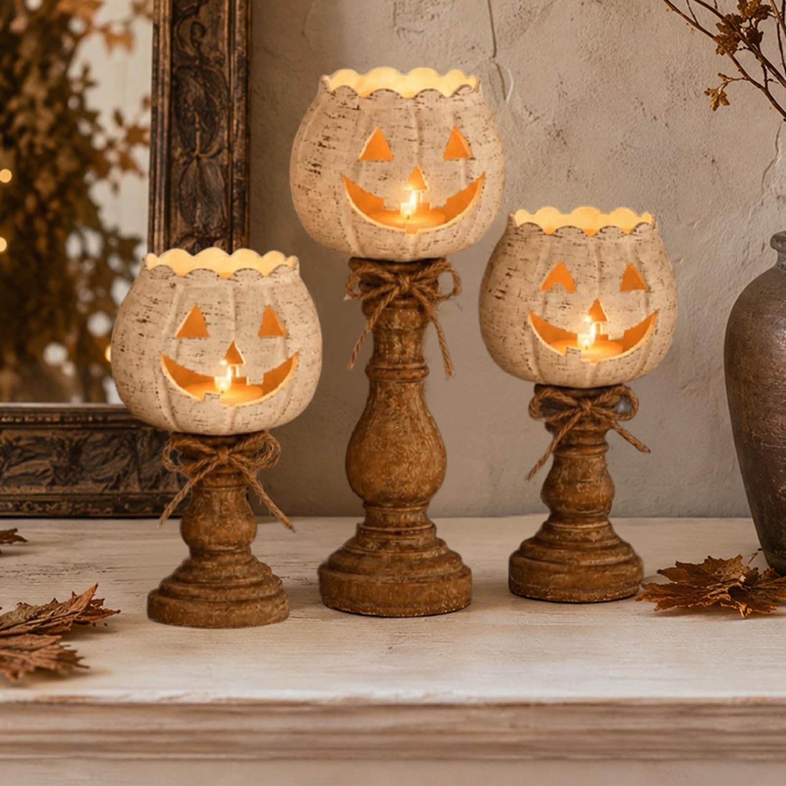 Rustic White Pumpkin Tealight Candle Holder Set (A)